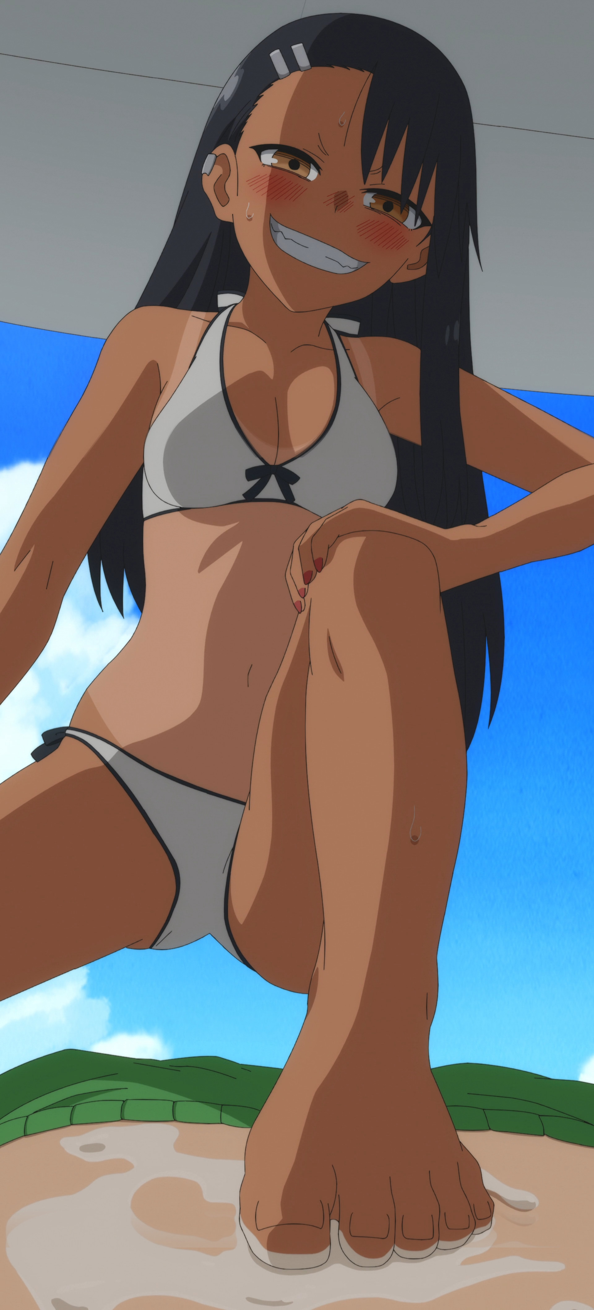1boy, 1girls, 774 (nanashi), beach, bikini, blue background, breasts, cleavage, clothed, clothing, feet, female, foot fetish, hayase nagatoro, hi res, male, naoto hachioji (senpai), navel, nipples, on stomach, please don't bully me, nagatoro, public, revealing clothes, simple background, small breasts, smile, sweat, tan, tanline, tanned