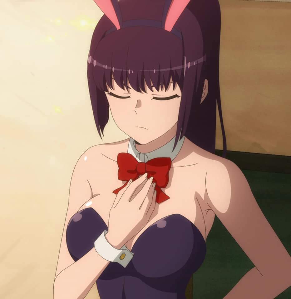 1girls, 774 (nanashi), big breasts, breasts, bunny ears, bunny girl, bunnysuit, cleavage, closed eyes, clothed, clothing, female, female focus, female only, long hair, please don't bully me, nagatoro, pose, president (nagatoro), purple hair, revealing clothes, sana sunomiya, screencap, solo