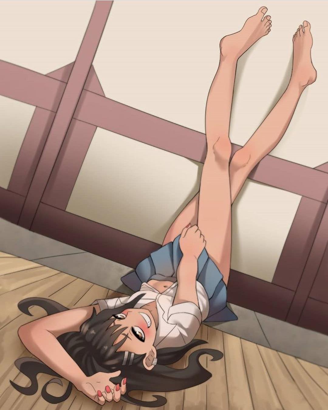 1girls, artist request, barefoot, black hair, blush, breasts, brown eyes, cleavage, clothed, clothing, earrings, feet, female, female focus, female only, hayase nagatoro, hi res, legs in air, long hair, looking at viewer, looking back, navel, on back, painted nails, please don't bully me, nagatoro, pose, revealing clothes, simple background, skirt, small breasts, solo, tan, tanned