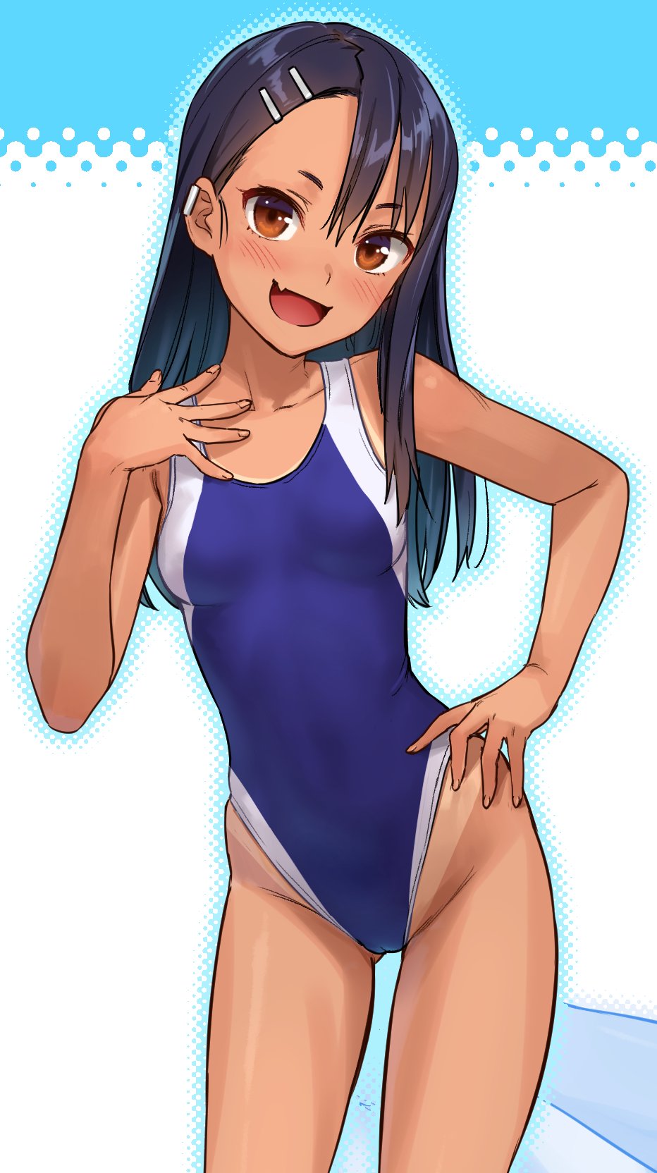 1girls, black hair, blush, breasts, brown eyes, clothed, clothing, earrings, female, female focus, female only, hayase nagatoro, hi res, kawakami rokkaku, long hair, looking at viewer, open mouth, please don't bully me, nagatoro, pose, revealing clothes, simple background, small breasts, smile, solo, swimsuit, tan, tanline, tanned, white background