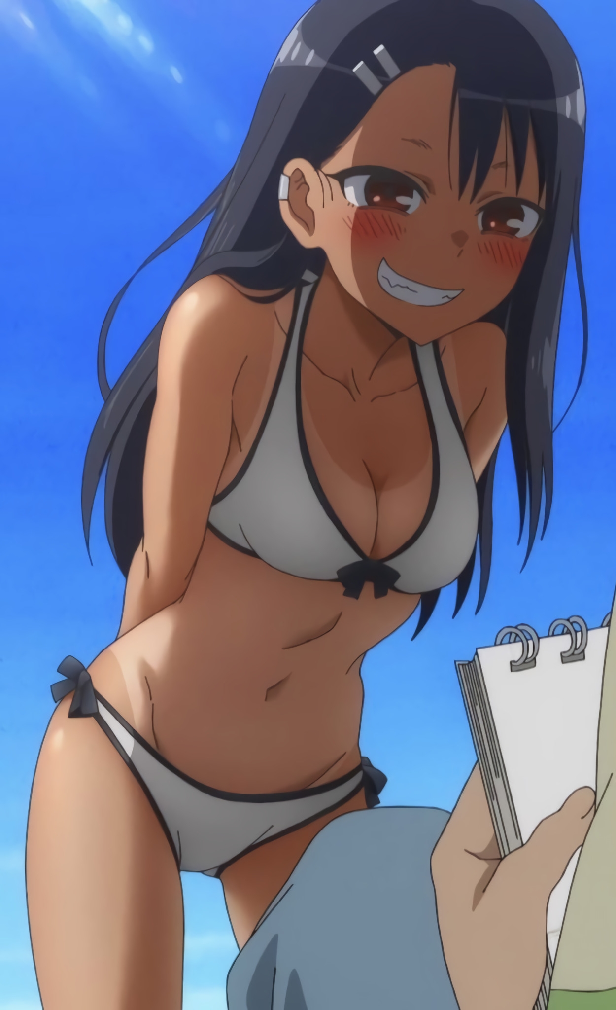 1boy, 1girls, 774 (nanashi), beach, bikini, black hair, blue background, blush, breasts, brown eyes, cleavage, clothed, clothing, earrings, female, hayase nagatoro, long hair, male, naoto hachioji (senpai), navel, please don't bully me, nagatoro, public, revealing clothes, screencap, simple background, small breasts, smile, tan, tanline, tanned, teasing