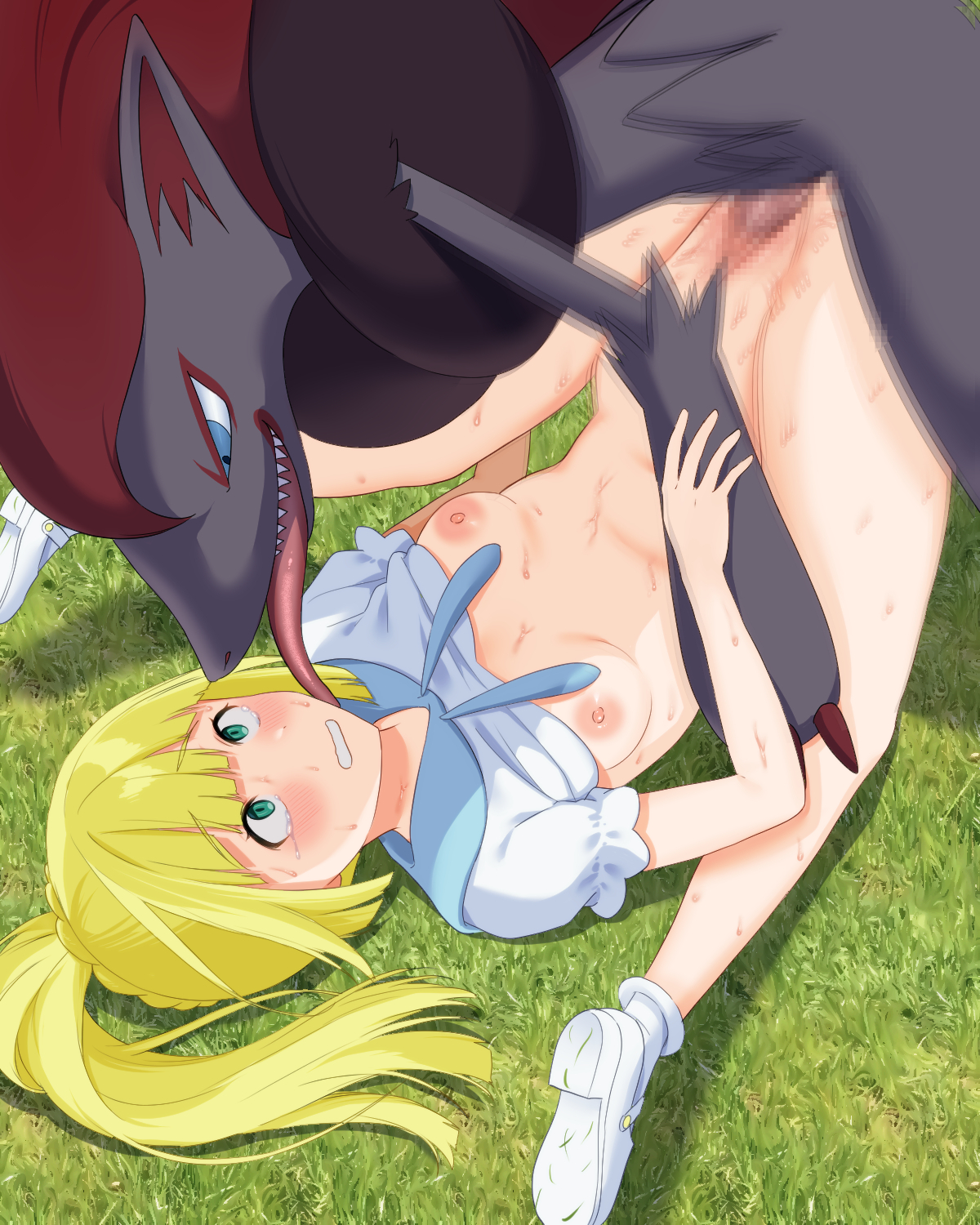 blonde hair, blush, bottomless, breasts, censored, clothed female nude male, clothed sex, female, femsub, grass, interspecies, licking, lillie (pokemon), long hair, lying, male, male pokemon, male pokemon/female human, male zoroark, maledom, mating press, mosaic censoring, motion blur, no bra, no panties, pokemon, pokemon (species), pokemon sm, pokephilia, pussy, rape, sex, shoes, shoichi (artist), sweat, tears, tongue, tongue out, vaginal penetration, white shoes, zoroark