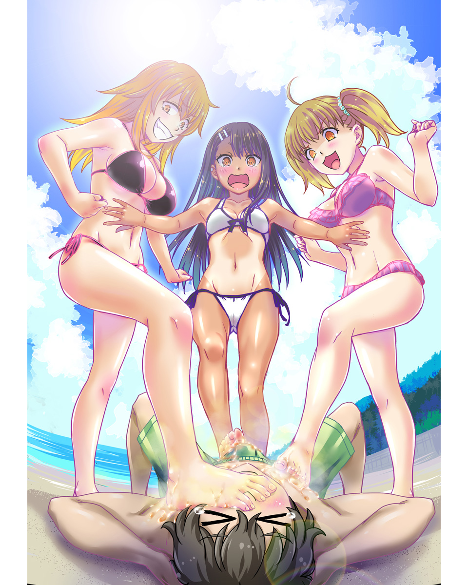 1boy 3girls beach big_breasts bikini black_hair breasts brown_eyes brown_hair cleavage closed_eyes clothed clothing erection female femdom footjob gamo-chan glasses hayase_nagatoro long_hair male malesub medium_hair multiple_girls naoto_hachioji_(senpai) open_mouth orange_eyes orange_hair penis please_don't_bully_me,_nagatoro public revealing_clothes small_breasts smelly_feet tanline tanned winter-night_(artist) yoshi_(nagatoro)