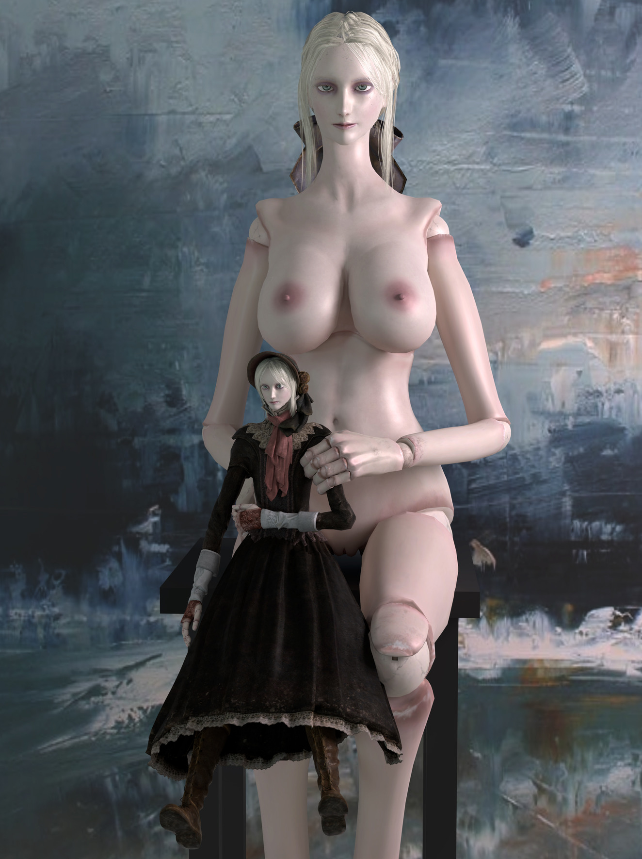 1girls, 3d, blender, bloodborne, bonnet, breasts, doll, doll joints, dress, female, female only, fromsoftware, gretdb, looking at viewer, monster girl, nipples, nude, nude female, plain doll, pussy, scary, sitting, sitting on lap, size difference, solo, solo female, sony corporation, sony interactive entertainment, tagme