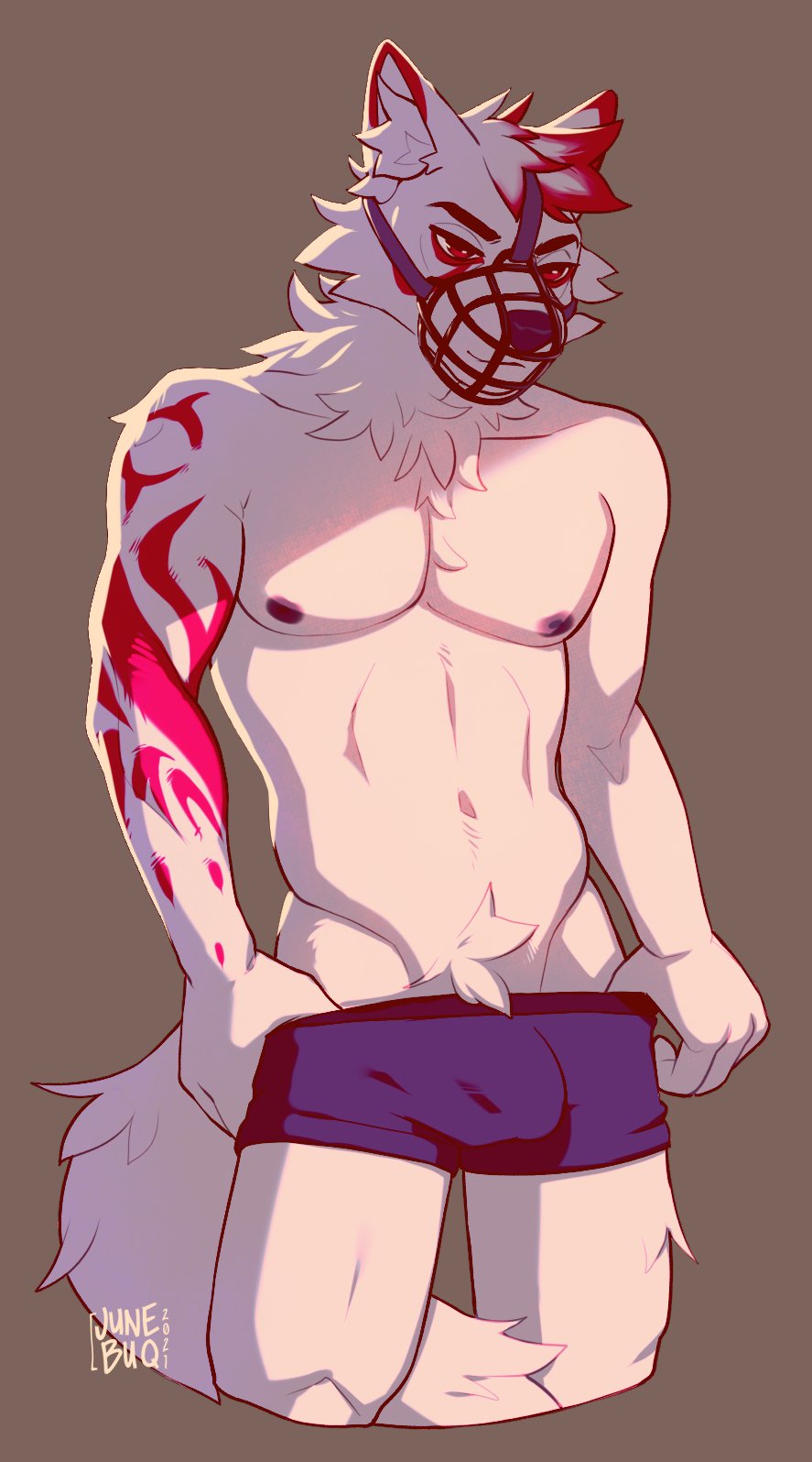 2021 anthro bulge cage_muzzle canid canine clothing digital_media_(artwork) eyebrows eyelashes fur genital_outline hair hi_res junebuq junie_cuties male male_only mammal muzzle_(object) muzzled penis_outline pinup pose red_eyes shirtless solo suggestive teasing undressing