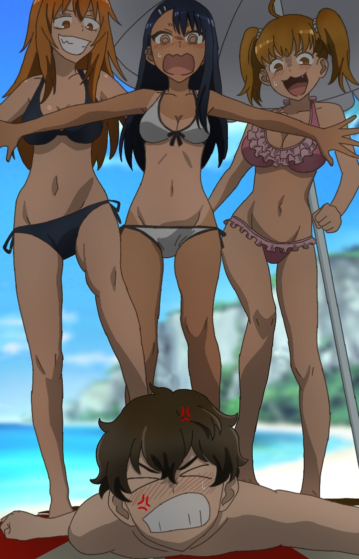 1boy, 3girls, 774 (nanashi), beach, big breasts, bikini, black hair, blonde hair, blush, breasts, brown eyes, brown hair, cleavage, closed eyes, clothed, clothing, curvy, female, femdom, gamo-chan, hayase nagatoro, male, multiple females, multiple girls, naoto hachioji (senpai), navel, on stomach, open mouth, orange eyes, orange hair, please don't bully me, nagatoro, public, revealing clothes, simple background, small breasts, sweat, tanline, tanned, wide hips, yoshi (nagatoro)
