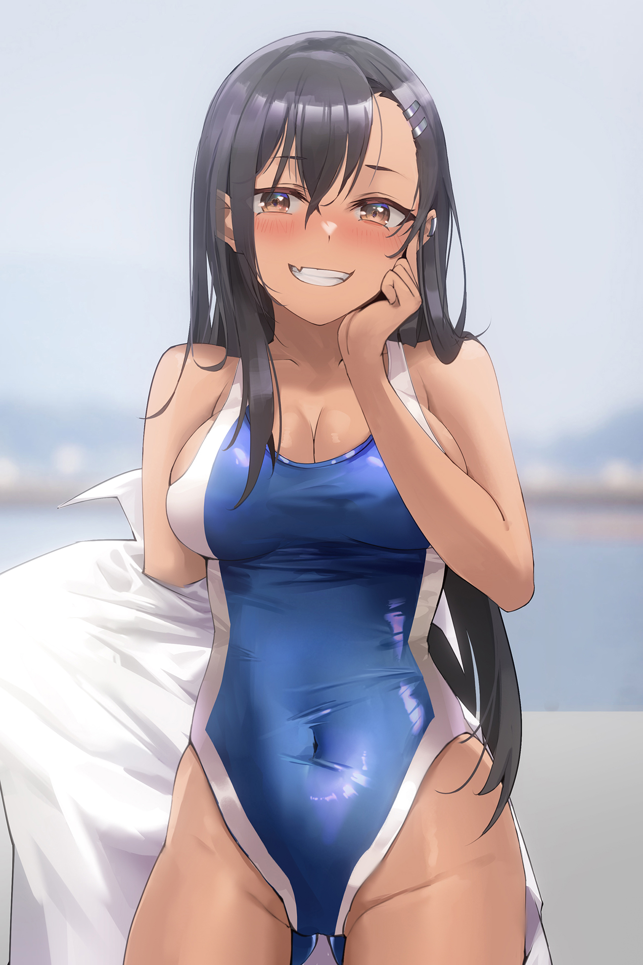 1girls, big breasts, black hair, blush, breasts, brown eyes, cleavage, clothed, clothing, drive shot, earrings, fang, female, female focus, female only, hayase nagatoro, hi res, long hair, looking at viewer, navel, please don't bully me, nagatoro, pose, revealing clothes, simple background, smile, solo, swimsuit, tan, tanned, tight clothing, undressing