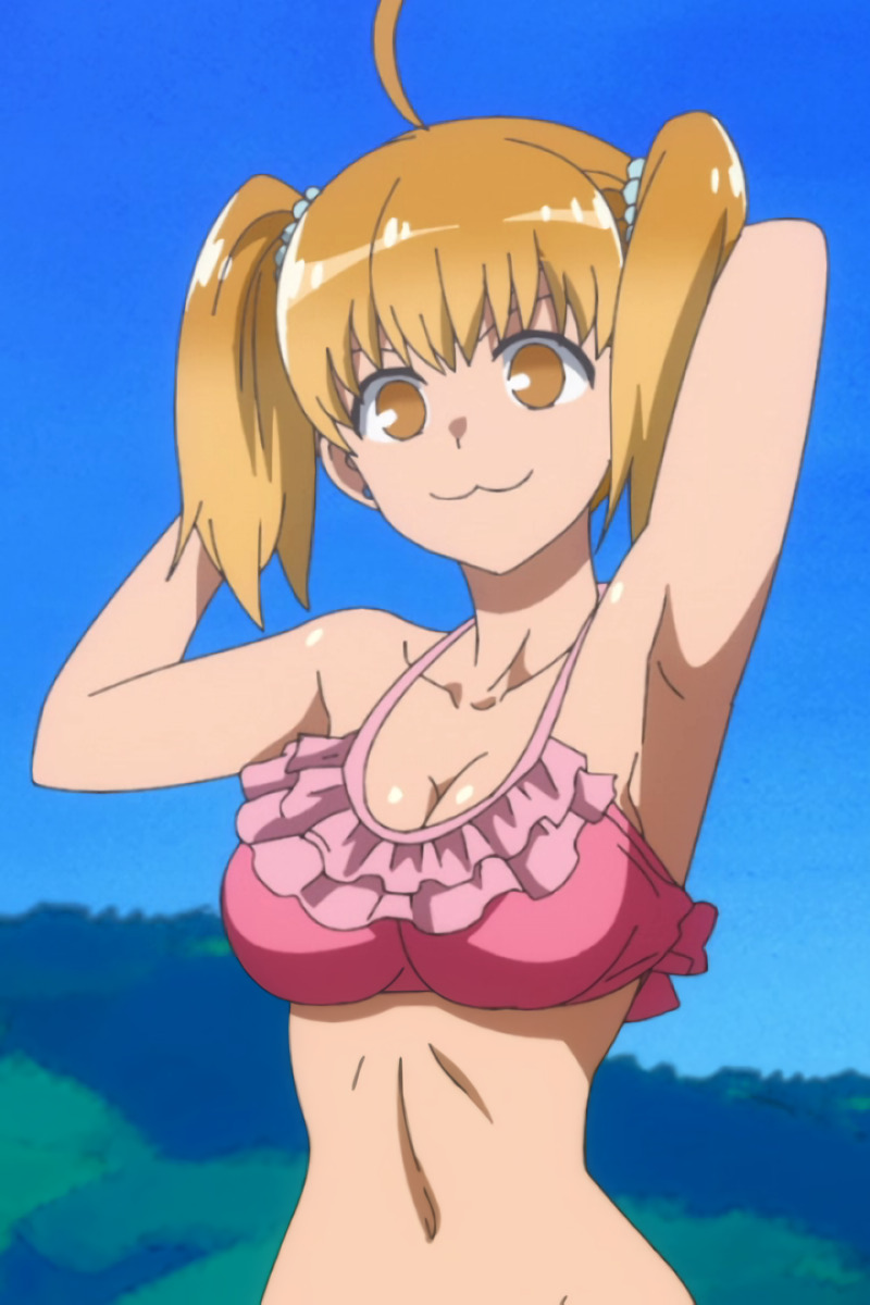 1girls, 774 (nanashi), beach, big breasts, bikini, blonde hair, breasts, brown eyes, cleavage, clothed, clothing, female, female focus, female only, medium hair, navel, please don't bully me, nagatoro, revealing clothes, smile, solo, twintails, yoshi (nagatoro)