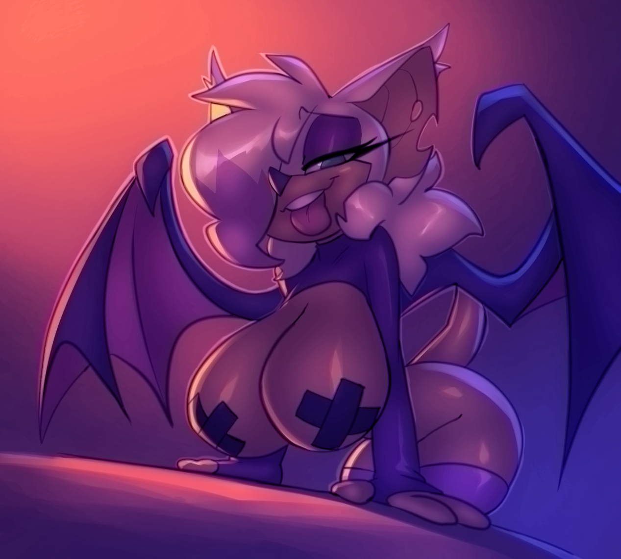 anthro, bat, big breasts, bigdad, breasts, chiropteran, female, fur, furry, furry only, hair, hair over eye, huge breasts, large breasts, leaning, leaning forward, looking at viewer, mammal, nipple tape, one eye obstructed, pasties, rouge the bat, sega, solo, sonic (series), sonic the hedgehog (series), tail, tape, tongue, tongue out, wings