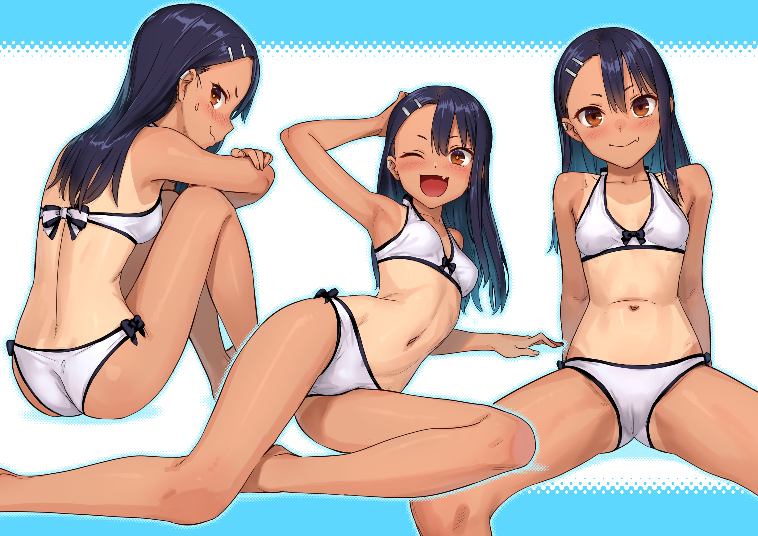 1girls, black hair, breasts, brown eyes, cleavage, clothed, clothing, earrings, female, female focus, female only, hayase nagatoro, hi res, kawakami rokkaku, long hair, looking at viewer, looking back, navel, on side, open mouth, please don't bully me, nagatoro, pose, revealing clothes, shy, simple background, small breasts, smile, solo, spread legs, sweat, tan, tanned, wink