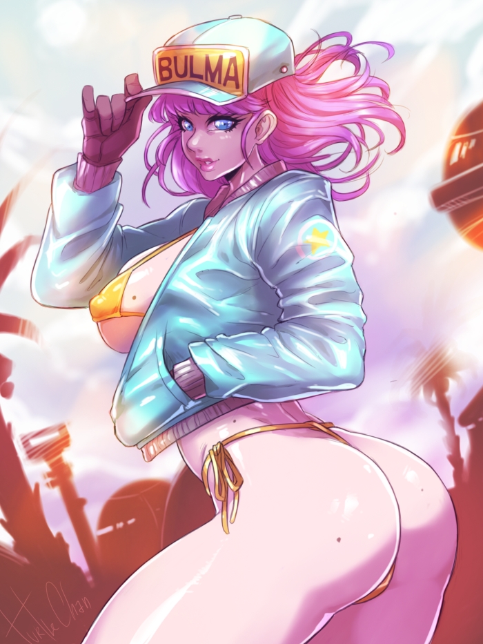 1girls, ass, bikini, blue eyes, breasts, bulma briefs, dragon ball, dragon ball z, female, female only, gloves, hand in pocket, hat, jacket, long hair, looking at viewer, low res, mole, mole on ass, mole on breast, nipple bulge, no pants, pink hair, pink lips, shounen jump, solo, solo female, thick thighs, turtlechan