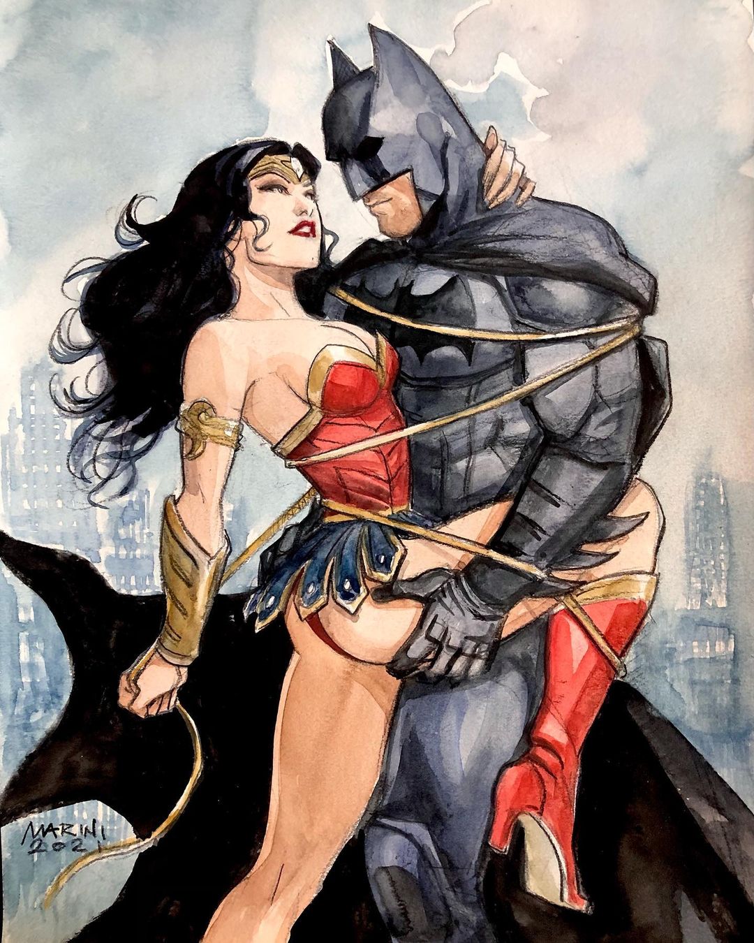 1boy, 1girls, 2021, ass, ass grab, batman, batman (bruce wayne), batman (series), black hair, bruce wayne, dc, dc comics, diana prince, enrico marini, female, lasso of truth, long hair, male, straight, wonder woman, wonder woman (series)