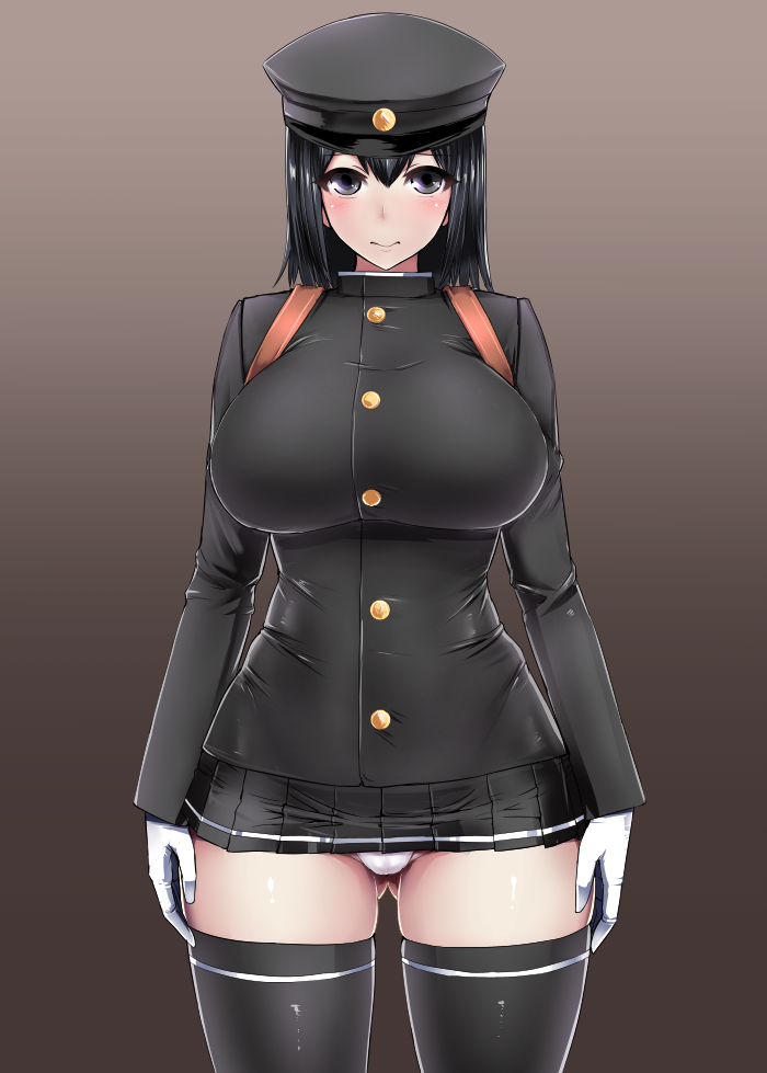 1girls akitsu_maru_(kantai_collection) ass_visible_through_thighs black_eyes black_hair black_legwear breasts brown_background closed_mouth female female_only fully_clothed gloves gradient gradient_background hat huge_breasts ishimiso_(ishimura) kantai_collection looking_at_viewer microskirt panties peaked_cap remodel_(kantai_collection) short_hair skirt solo thighhighs underwear uniform white_gloves