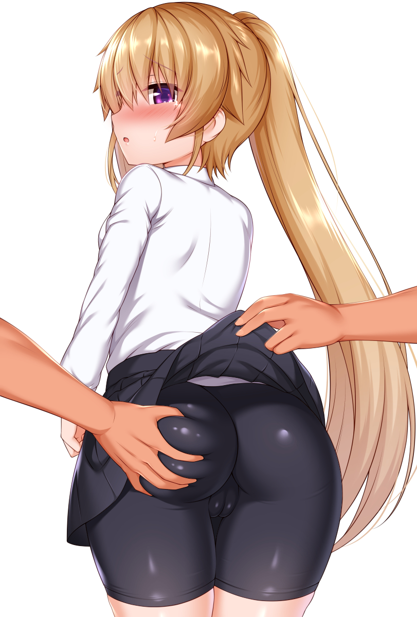 2others ao_no_kanata_no_four_rhythm arisaka_mashiro ass ass_grab bike_shorts black_shorts black_skirt blush brown_hair cameltoe clothes_lift female from_behind highres lifted_by_another long_hair looking_back miniskirt multiple_others open_mouth pink_eyes shirt shorts simple_background skirt skirt_lift tears thigh_gap thighs twintails white_background white_shirt zirba