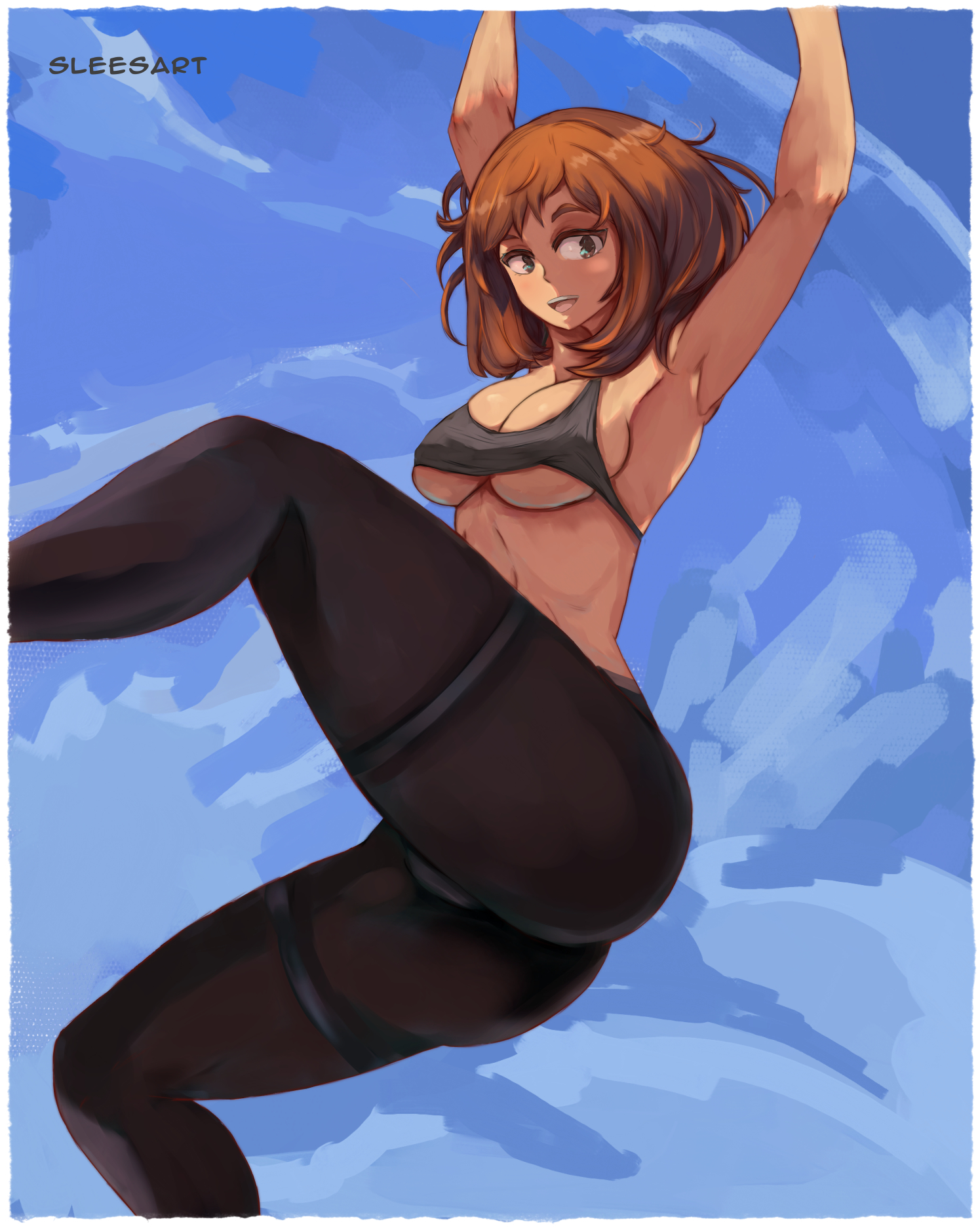 1girls, armpits, breasts, brown eyes, brown hair, brown-haired female, clothes lift, female, female only, highres, large breasts, looking at viewer, my hero academia, ochako uraraka, open mouth, pantyhose, shirt lift, short hair, sideboob, simple background, sleesart, solo, solo female, stretching
