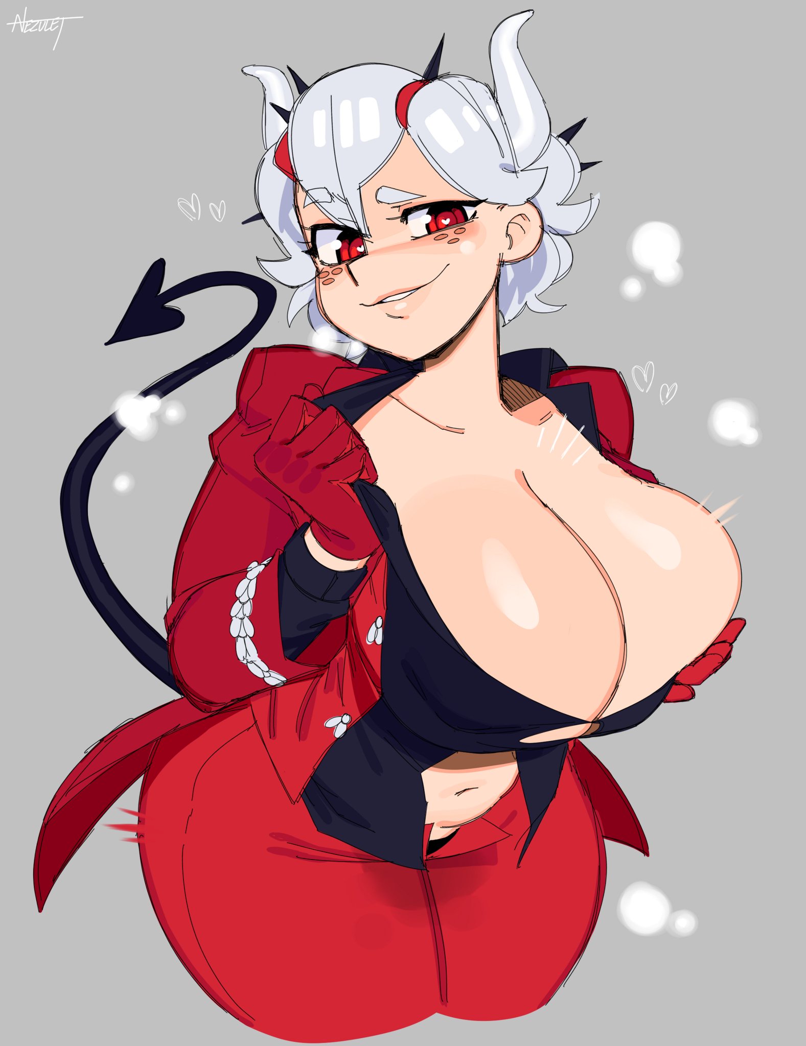 beelzebub (helltaker), big breasts, breasts, breasts bigger than head, breasts out of clothes, demon, demon girl, demon horns, demon tail, female, female only, heart-shaped pupils, helltaker, horns, huge breasts, looking at viewer, nezulet, red eyes, short hair, solo female, suit, tagme, tail, undressing, unzipped, unzipped pants, white hair