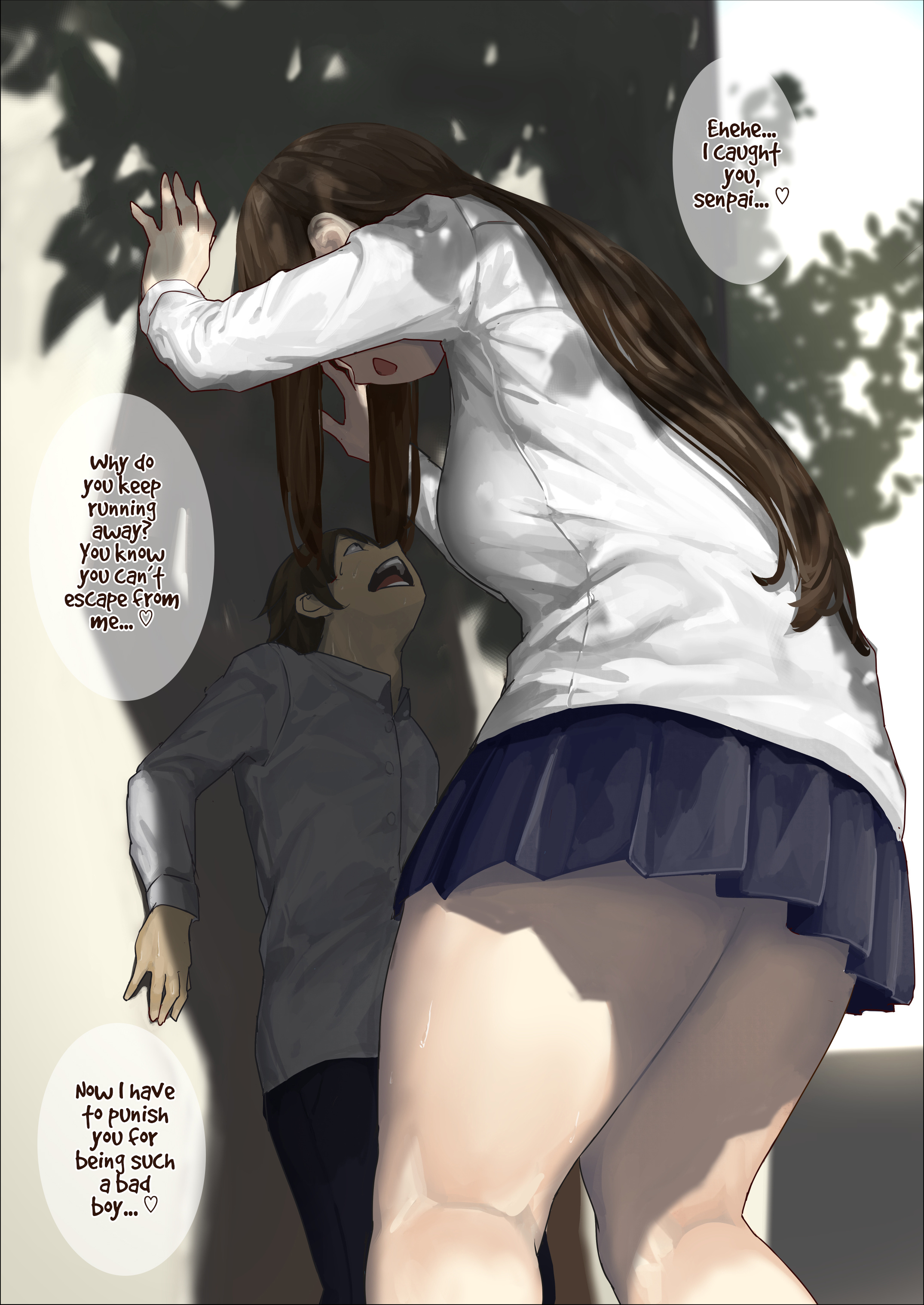 1boy, 1girls, breasts, clothed, clothing, english text, female, femdom, giantess, large female, larger female, light skin, light-skinned female, light-skinned male, macro, male, mini giantess, size difference, smaller male, text, thick thighs, uru (uru0000)