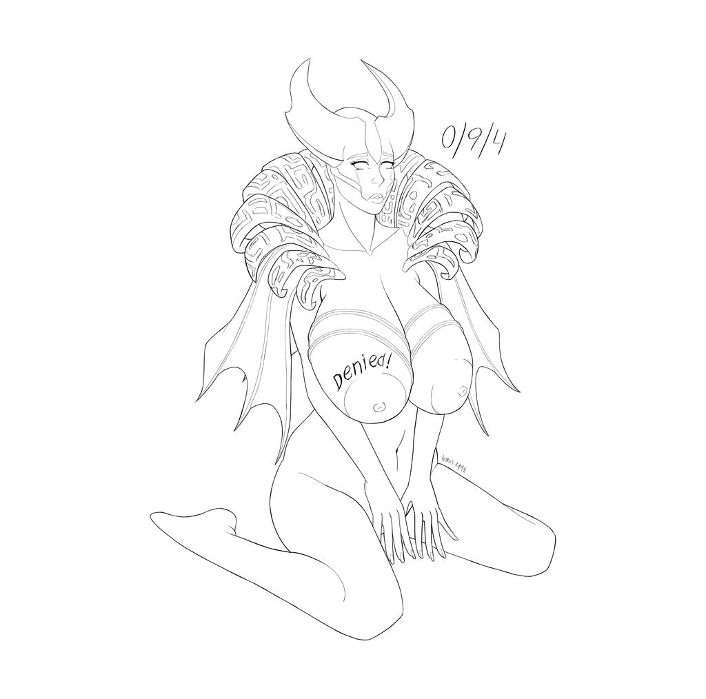 dota_2 english_text female horns horus1998 huge_breasts kneeling large_breasts line_art mercurial_the_spectre monochrome solo spectre_(dota_2)