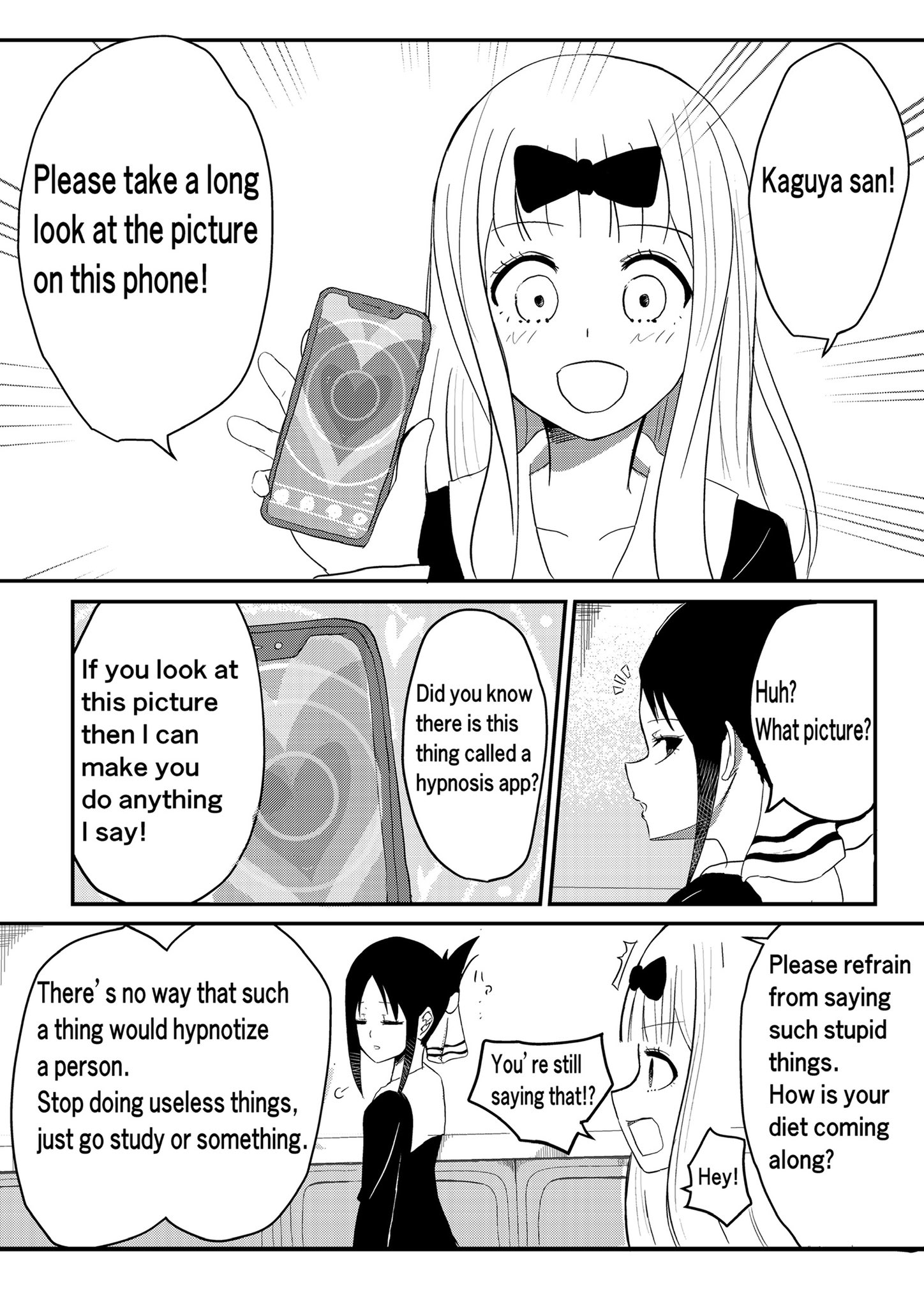 2girls, black and white, black hair, blue eyes, blush, bow, brainwashing, corruption, english text, female, femdom, fujiwara chika, hair ornament, heart spiral, heart-shaped pupils, hypnosis, hypnosis app, insult, kaguya-sama wa kokurasetai ~tensai-tachi no renai zunousen~, long hair, mind break, mind control, mind control app, open mouth, phone, phone screen, pink hair, red eyes, ribbon, school uniform, schoolgirl, shinomiya kaguya, shocked, sigh, smile, speech bubble, spiral, spiral background, suspicious, table, text, translated, white background, yuri, ze r0 ze r0, zoom in