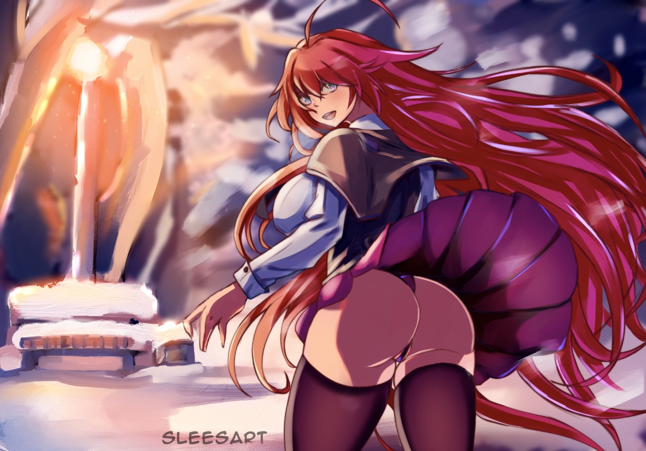 ass, blue eyes, blush, breasts, clothes lift, female, female only, high school dxd, large breasts, long hair, looking at viewer, looking back, open mouth, panties, pantyshot, purple panties, red hair, rias gremory, skirt, skirt lift, sleesart, solo, thighhighs, underwear, upskirt, very long hair
