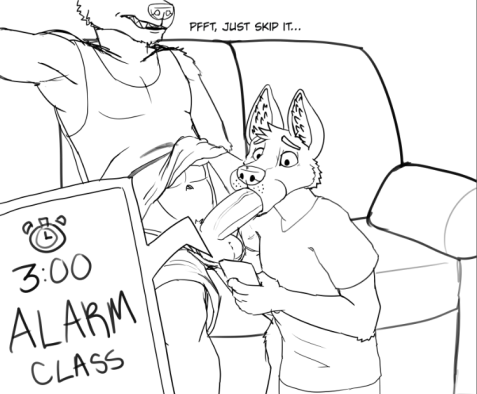 abs alarm anthro canid canine canis college college_student duo english_text fellatio furniture genitals lewd_latte low_res male male/male mammal monochrome oral original_characters penile penis phone school sex sketch sofa text wolf