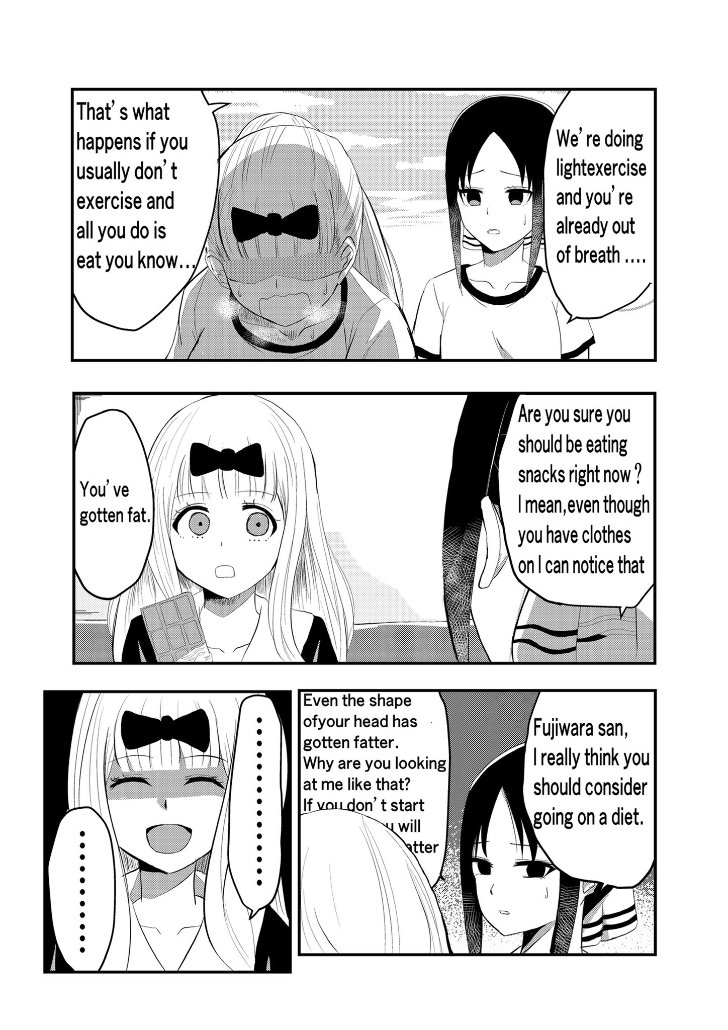 2girls, betrayal, black and white, black background, black hair, blue eyes, bow, brainwashing, chocolate bar, clouds, comic, corruption, english text, female, female only, fujiwara chika, gym uniform, hair ornament, heart-shaped pupils, heavy breathing, hypnosis, insult, kaguya-sama wa kokurasetai ~tensai-tachi no renai zunousen~, mind break, mind control, monochrome, multiple females, multiple girls, nervous, open mouth, pink hair, post-workout, red eyes, ribbon, school uniform, schoolgirl, shaded face, shinomiya kaguya, smile, speech bubble, staring at another, sweat, text, tired, translated, yuri, ze r0 ze r0