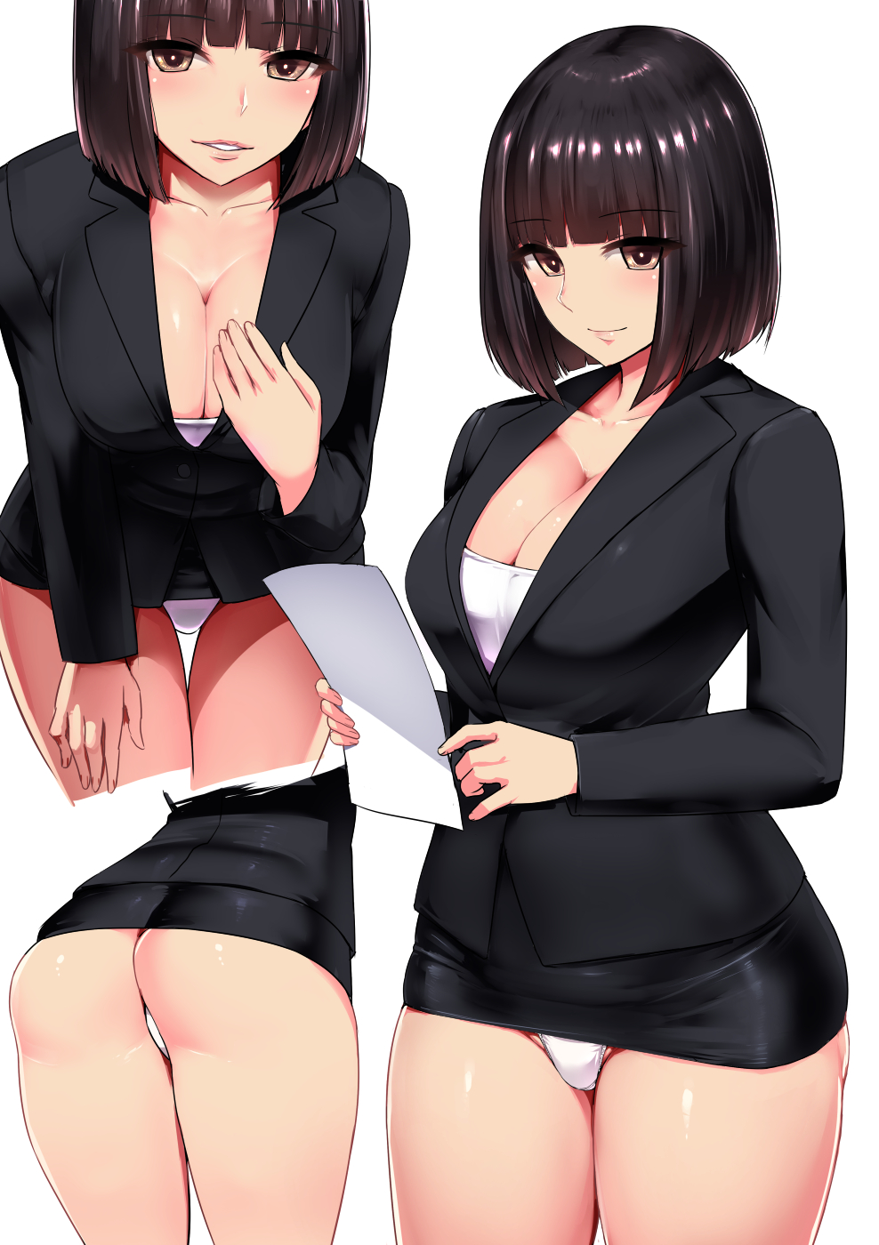 ass bangs black_hair black_jacket black_skirt black_suit blunt_bangs blush bob_cut breasts brown_eyes buttons cleavage closed_mouth collarbone cowboy_shot eyebrows_visible_through_hair female fingernails formal hand_on_own_thigh highres holding holding_paper ishimiso_(ishimura) jacket lace-trimmed_panties large_breasts leaning_forward long_sleeves looking_at_viewer microskirt multiple_views no_pants office_lady original panties pantyshot pantyshot_(standing) paper parted_lips pencil_skirt shiny shiny_hair shiny_skin short_hair simple_background skirt skirt_suit small_panties smile standing suit thigh_gap thighs underwear uniform white_background white_panties