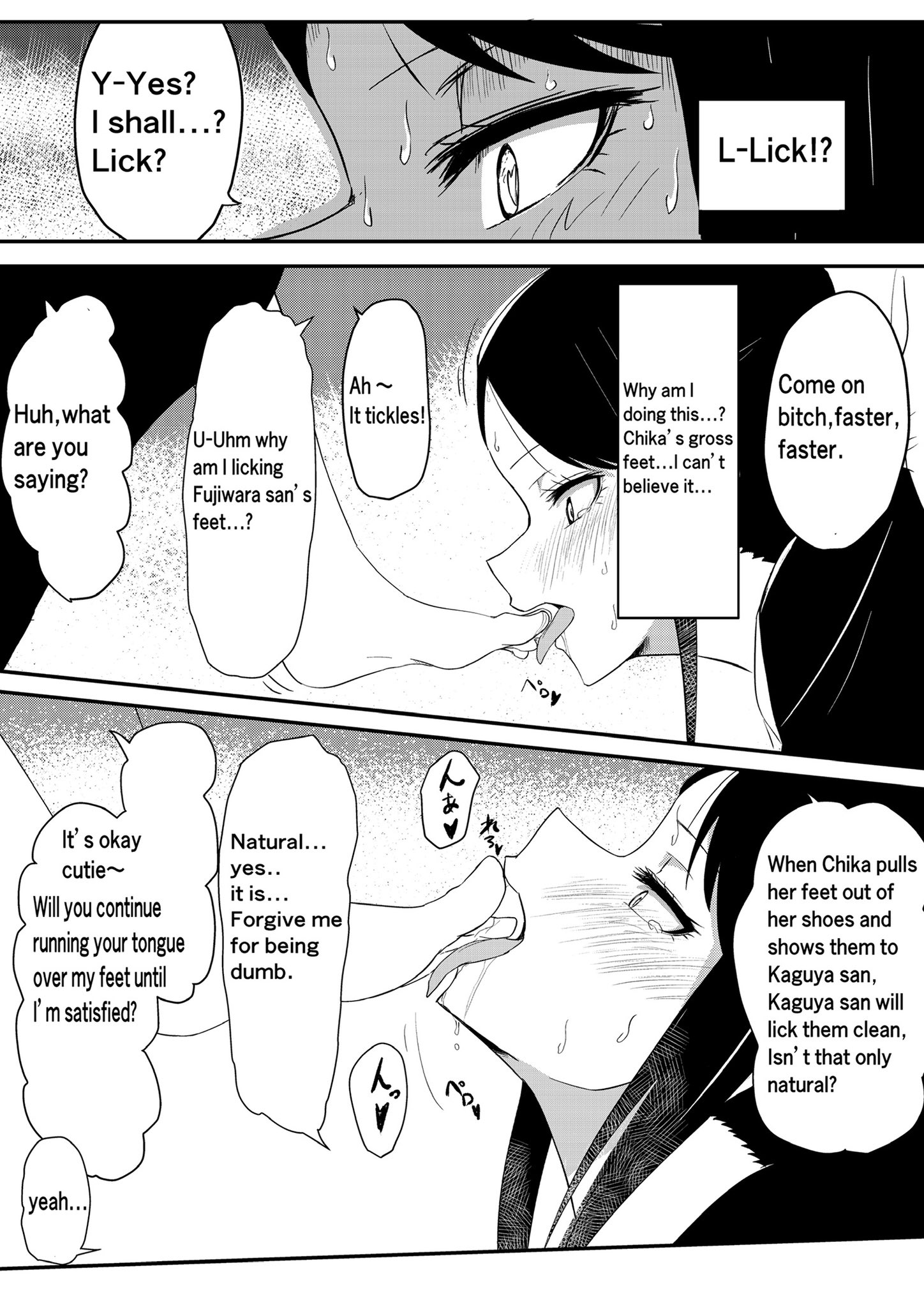 2girls, begging, black and white, black hair, blush, brainwashing, comic, confusion, corruption, drooling, english text, feet, female, femdom, femsub, foot fetish, foot focus, footwear, fujiwara chika, heart, heart-shaped pupils, heavy blush, hypnosis, kaguya-sama wa kokurasetai ~tensai-tachi no renai zunousen~, licking feet, mind break, mind control, on hands and knees, red eyes, school uniform, schoolgirl, shinomiya kaguya, speech bubble, stepping on face, sweat, tears, text, tongue, tongue out, translated, yuri, ze r0 ze r0