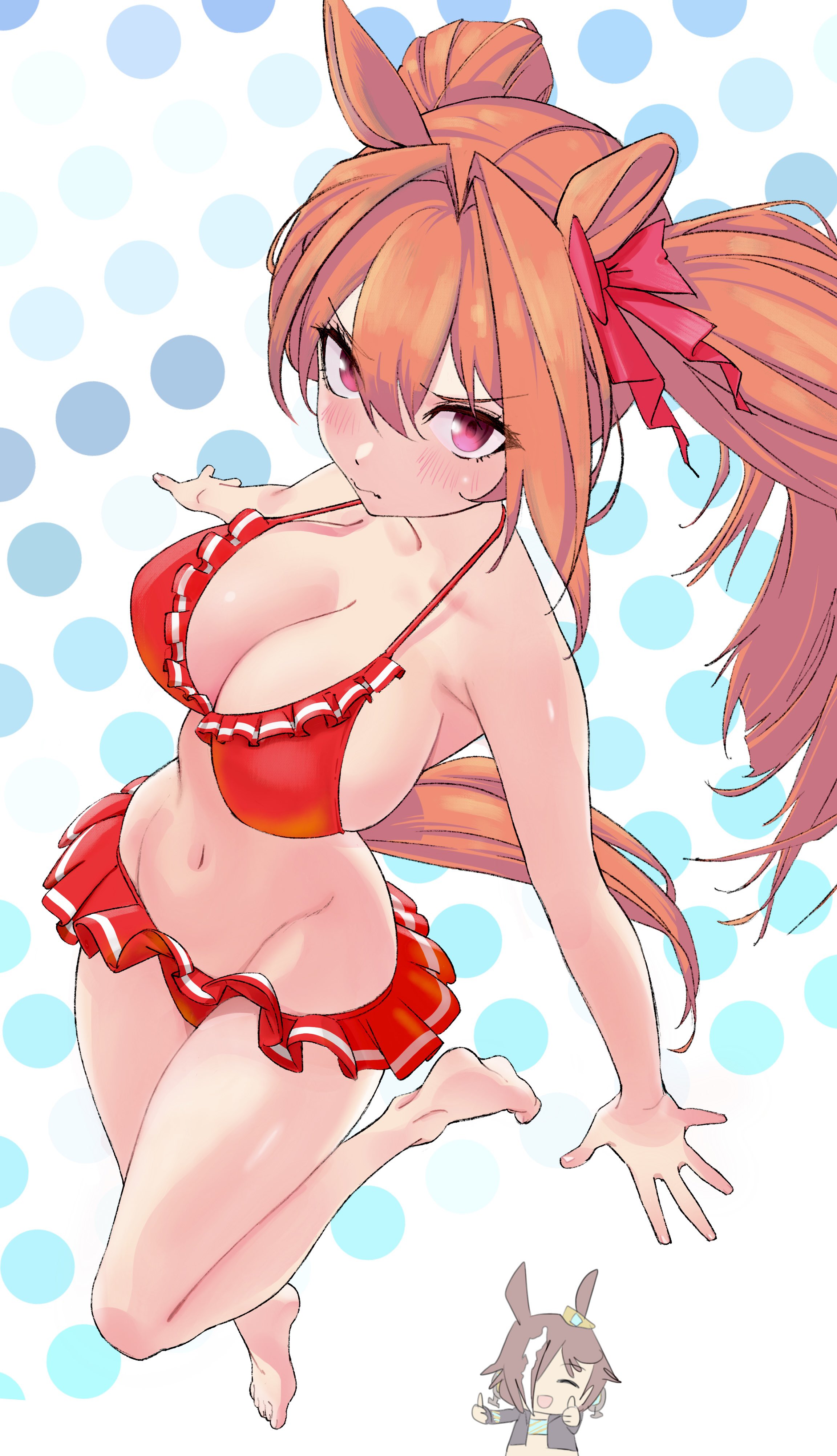 2girls, absurdres, animal ears, bare arms, bare shoulders, barefoot, bikini, blush, breasts, brown hair, commentary request, daiwa scarlet (umamusume), female, groin, highres, horse ears, horse girl, horse tail, large breasts, long hair, looking at viewer, multiple females, multiple girls, navel, pink eyes, polka dot, polka dot background, red bikini, saitama (antitankromeo), solo focus, string bikini, swimsuit, tail, twintails, umamusume, very long hair, vodka (umamusume)