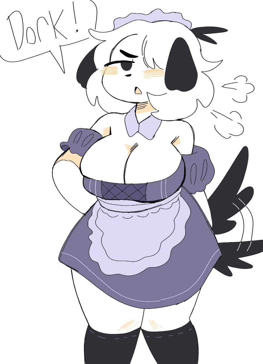 1girls angry big_breasts black_fur blush breasts canid canine canis cleavage clothed clothing dialogue dog dog_ears dog_tail domestic_dog dress embarrassed english_text female female_only fur furry furry_only hair maid maid_headdress maid_uniform one_eye_obstructed pepper_(puppychan) puppychan secretly_loves_it solo speech_bubble tagme tail tailwag text thick_thighs thighhighs thighs voluptuous white_fur white_hair