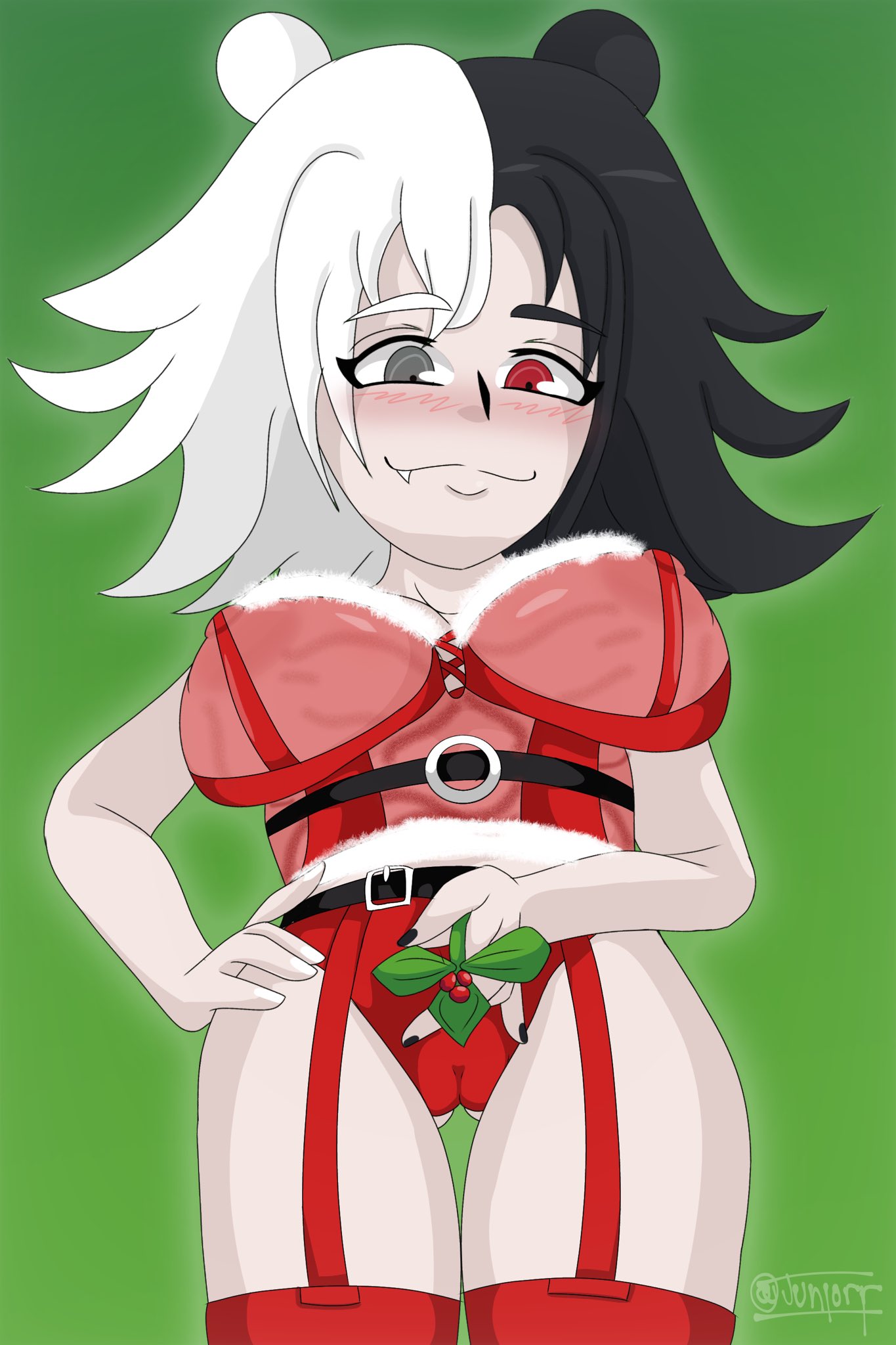 1girls alternate_version_available big_breasts black_hair christmas christmas_outfit danganronpa grey_eyes hand_on_hip heterochromia human_monokuma humanized junior_art_ looking_down mistletoe monokuma red_eyes short_hair smiling sole_female straight_hair two_tone_hair white_hair