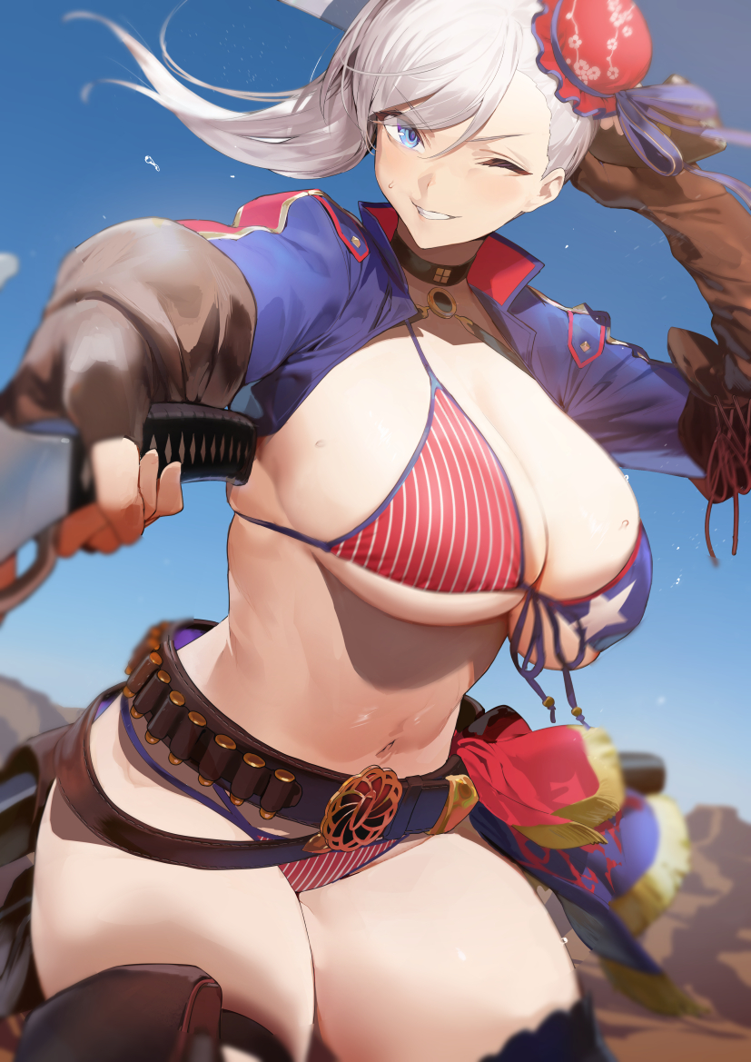 american_flag_bikini asymmetrical_gloves bangs bikini blue_eyes blue_jacket blush breasts brown_gloves bun_cover choker cleavage collarbone cropped_jacket fate/grand_order fate_(series) female fingerless_gloves flag_print gloves hair_bun hair_ribbon iku_(ikuchan_kaoru) jacket large_breasts long_hair long_sleeves looking_at_viewer miyamoto_musashi_(fate) miyamoto_musashi_(swimsuit_berserker) miyamoto_musashi_(swimsuit_berserker)_(fate) navel pink_hair ribbon shrug_(clothing) side_bun swept_bangs swimsuit thighhighs thighs