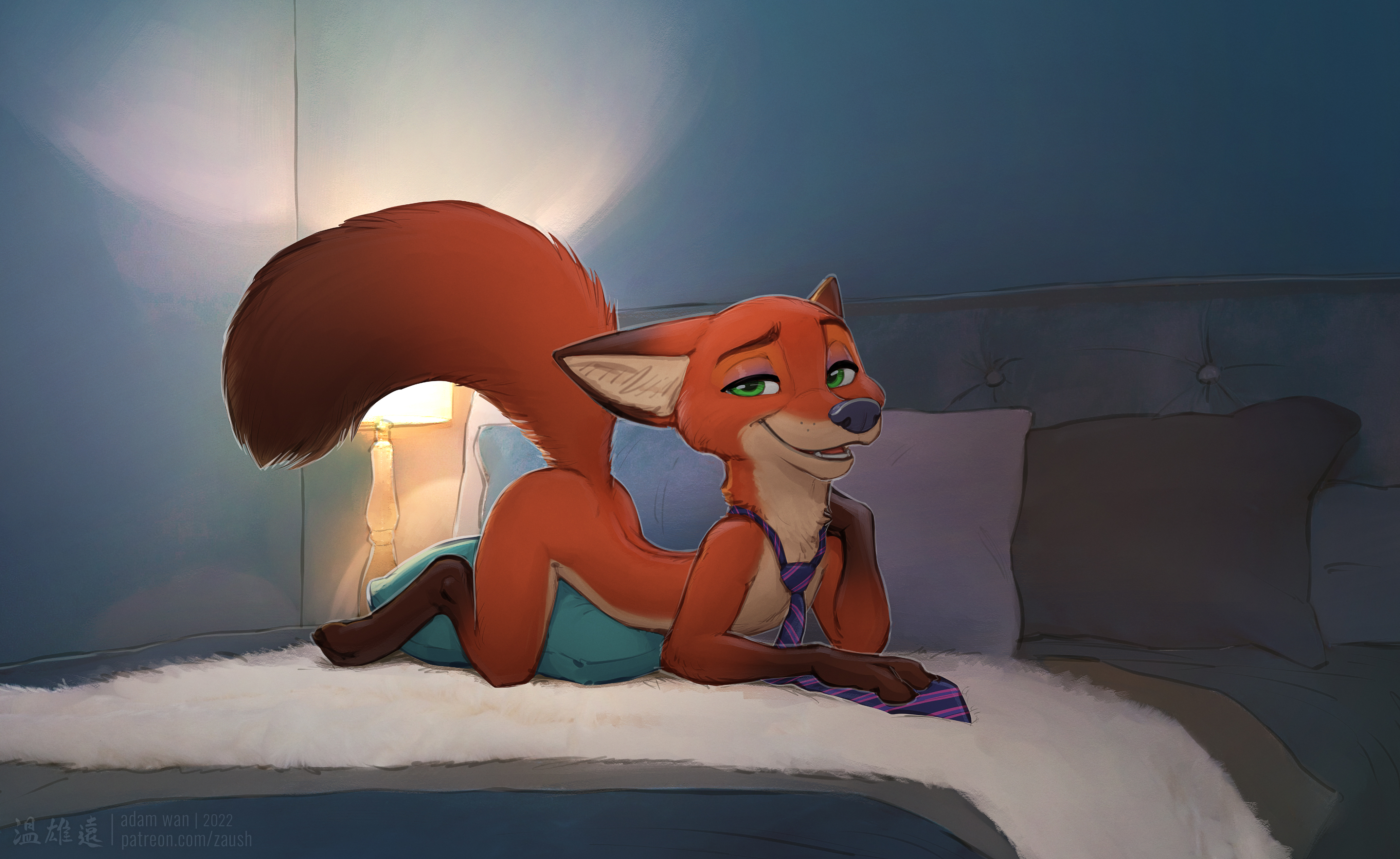 adam wan, anthro, bed, bottomless, disney, fox, furry, furry only, furry tail, looking at viewer, male, male only, necktie, nick wilde, pillow, seductive, seductive look, seductive smile, smile, submissive male, tail, zaush, zootopia, zootropolis