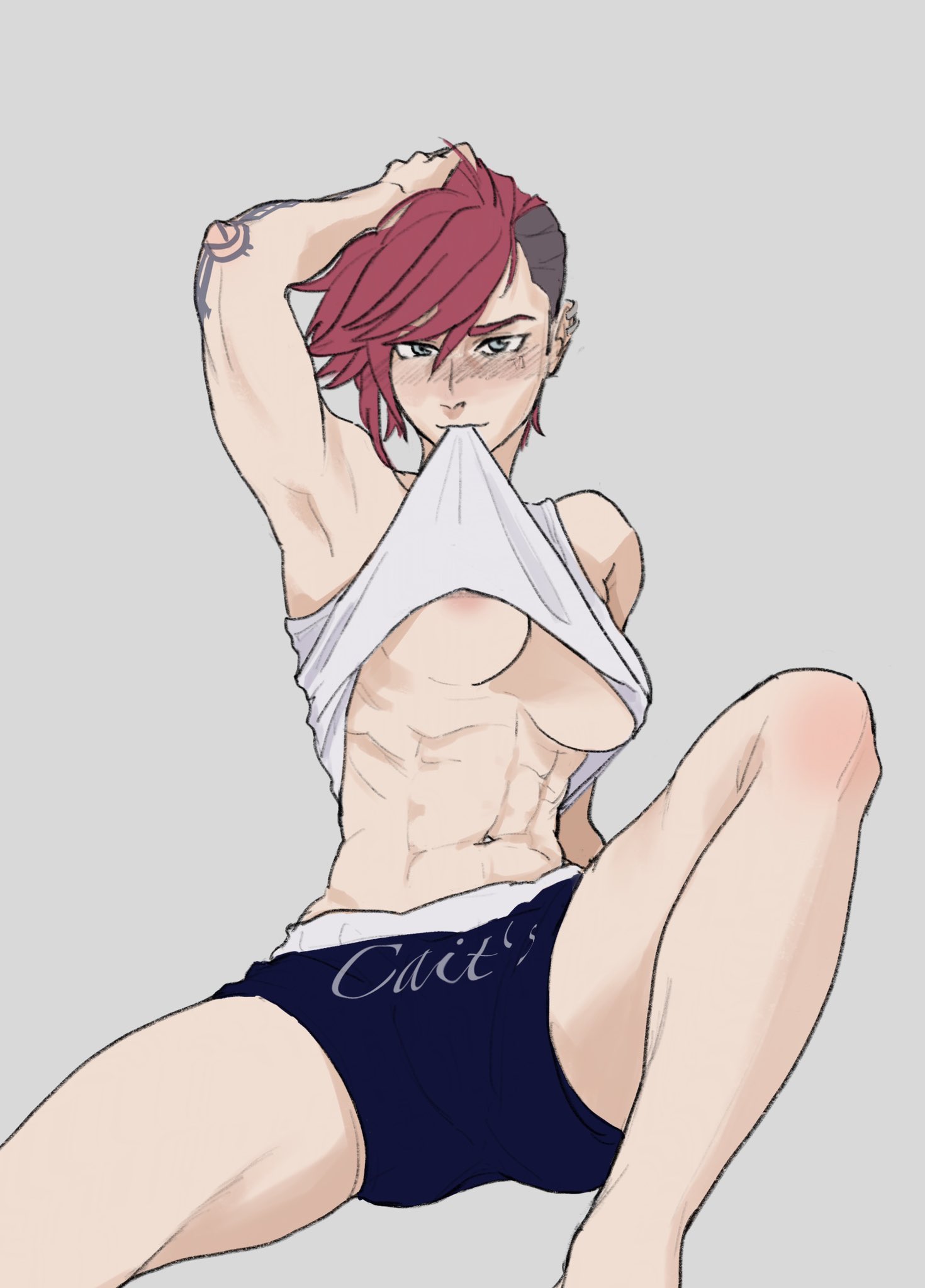abs, arcane, arcane vi, blush, boxers, breasts, caitlyn kiramman, canon couple, elye (artist), face tattoo, female, league of legends, muscular, muscular female, nipples, tattoo, underboob, underwear, vi
