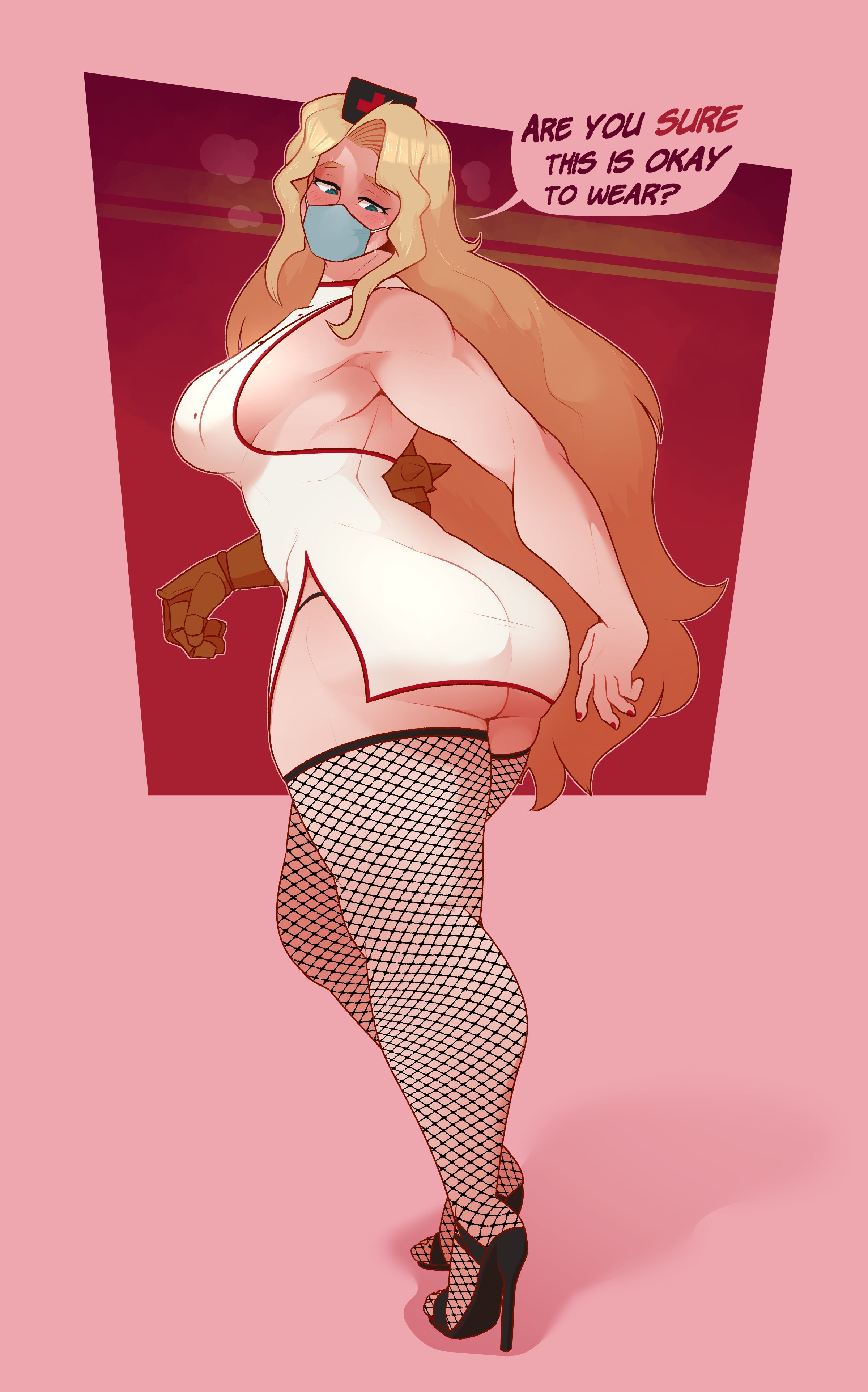 1girls, ass, big ass, breasts, dabble, female, female only, high heels, solo, speech bubble, text, thick thighs, thighhighs, wide hips
