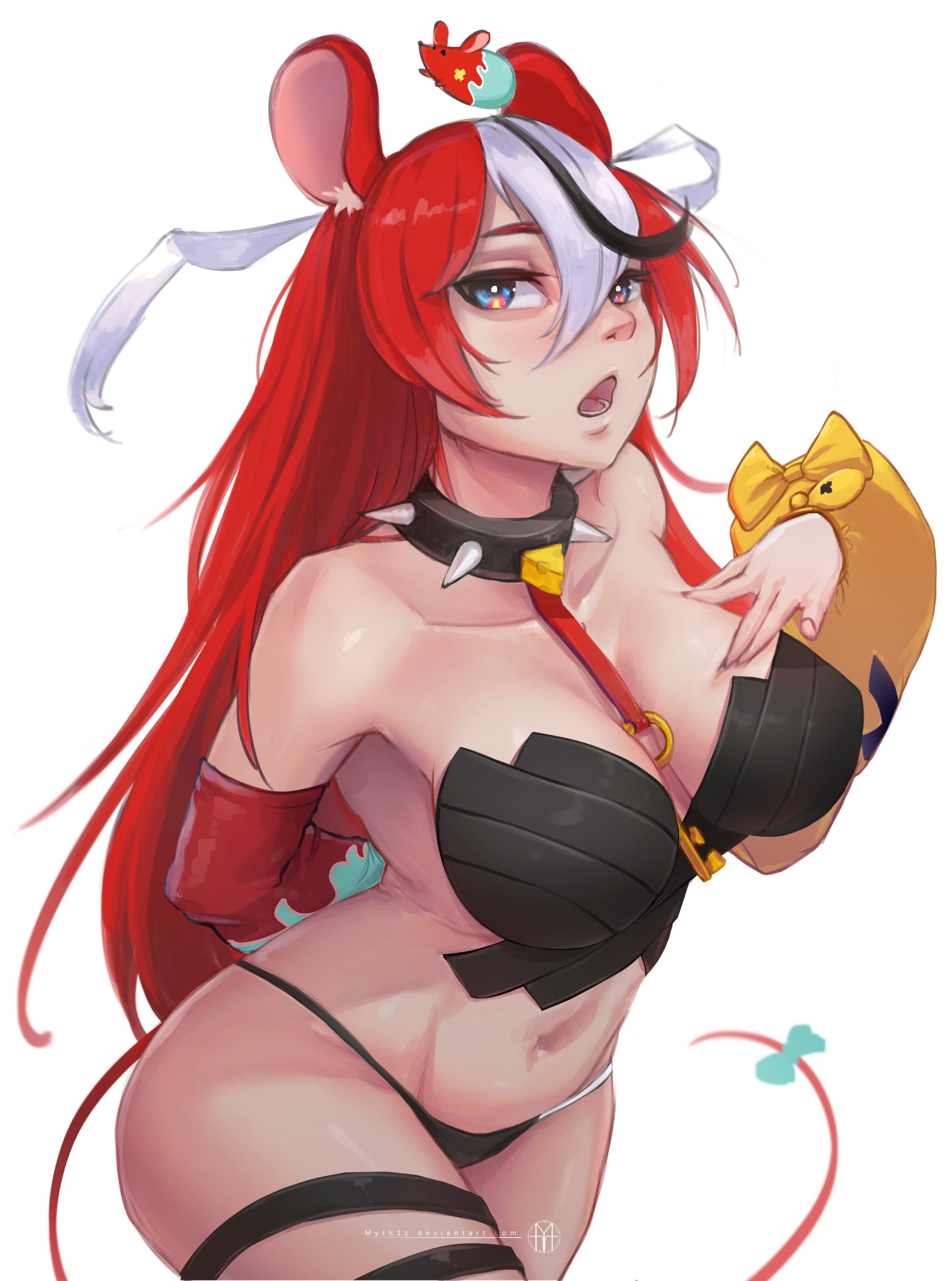 animal ears, bra, breasts, choker, female, hakos baelz, hakos baelz (1st costume), hololive, hololive english, hololive english -council-, hololive english -promise-, leg band, myth1c, rat, rat ears, rat girl, red hair, tail, thick thighs, thong, virtual youtuber, wide hips