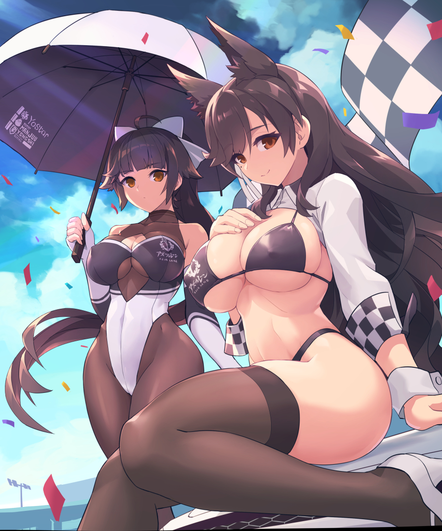 2girls, alternate costume, animal ears, arms behind back, atago (azur lane), atago (stunning speedster) (azur lane), azur lane, bangs, bikini, black bikini, black hair, blush, breasts, brown eyes, chingisu, cleavage, closed mouth, copyright name, covered erect nipples, cowboy shot, eyebrows visible through hair, female, groin, highleg, highleg bikini, large breasts, logo, long hair, looking at viewer, micro bikini, mole, mole under eye, multi ear, multiple females, multiple girls, navel, pantyhose, race queen, short sleeves, simple background, sitting, skindentation, smile, standing, string bikini, swept bangs, swimsuit, takao (azur lane), takao (full throttle charmer) (azur lane), thick thighs, thighhighs, thighs, underboob, white background, wide hips