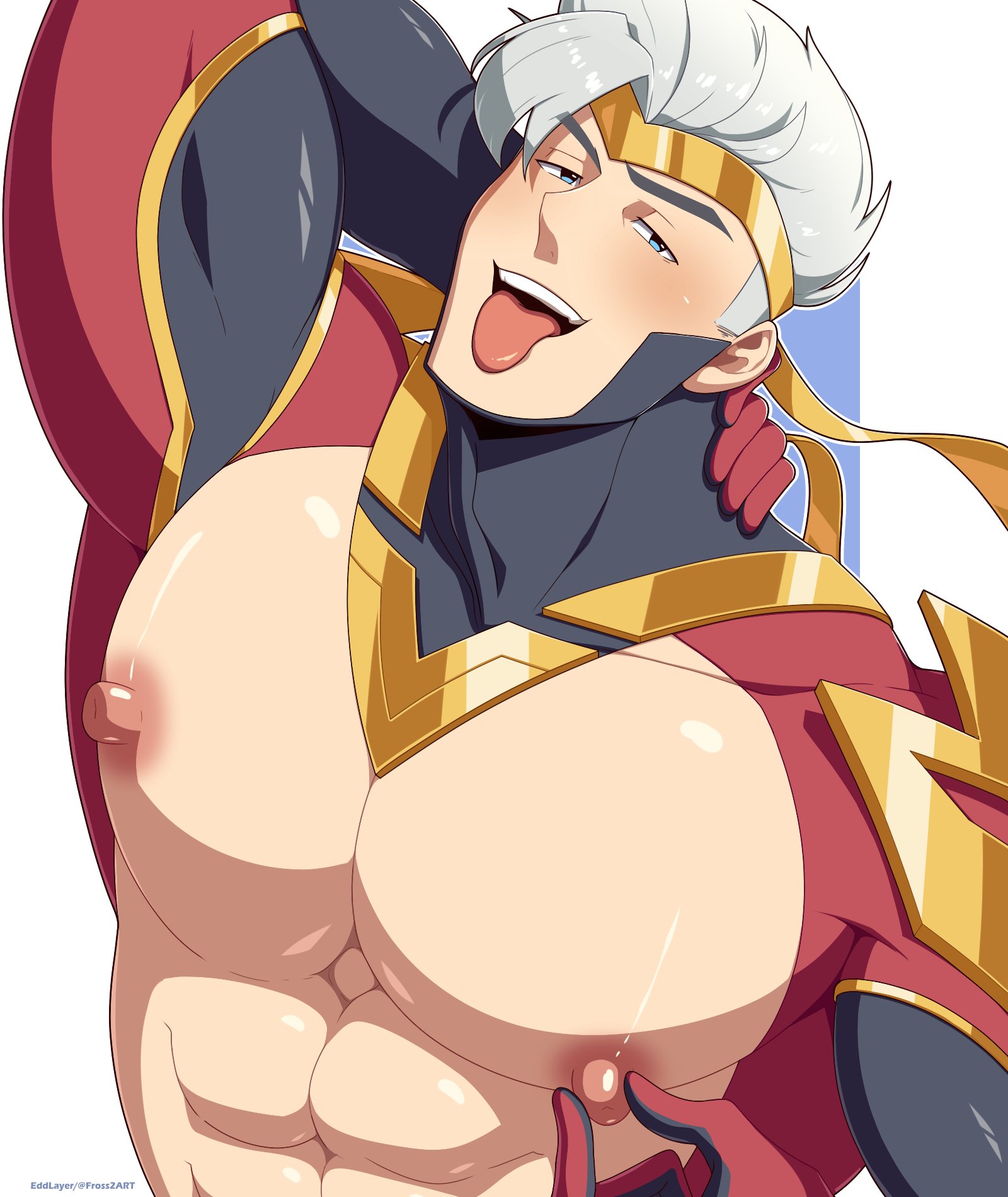 1boy, bara, big pecs, chou (mobile legends), edd layerex, huge pecs, male, male only, mobile legends, muscles, nipple play, nipples, partially clothed, solo, solo male, tongue, yaoi