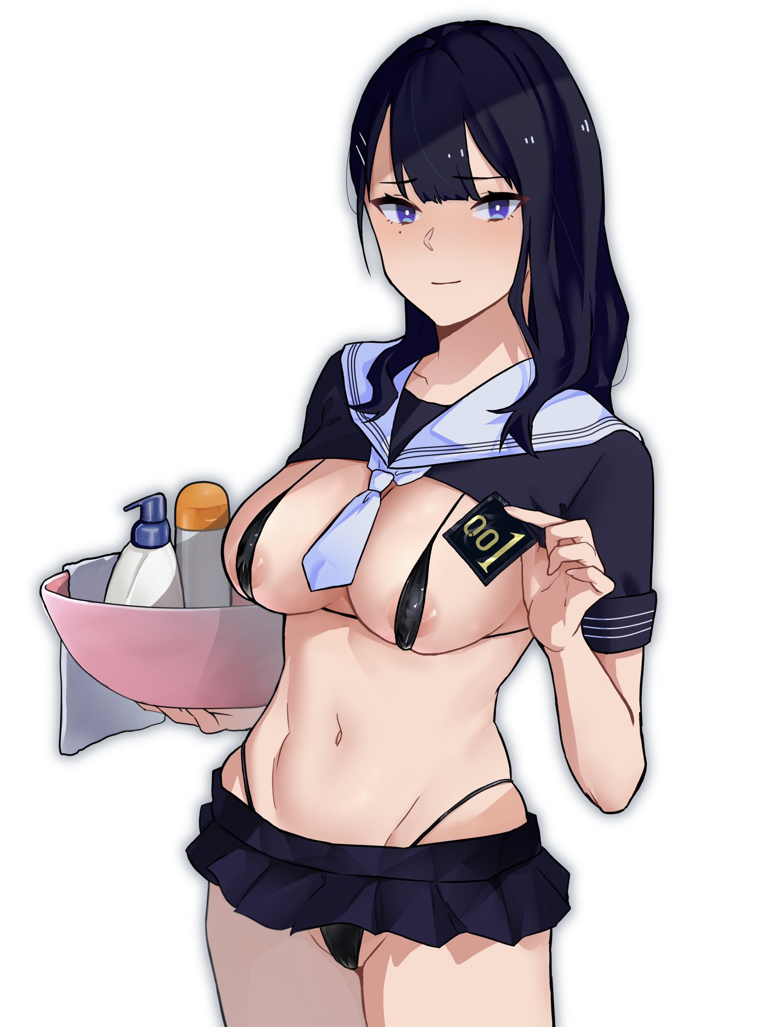 areola slip, areolae, bikini, black bikini, black hair, blue eyes, breasts, bucket, condom, condom wrapper, female, hair ornament, hairclip, highres, kagto (alterna), long hair, looking at viewer, lotion bottle, micro bikini, microskirt, mole, mole under eye, navel, original, pleated skirt, school uniform, serafuku, simple background, skirt, smile, solo, swimsuit, white background