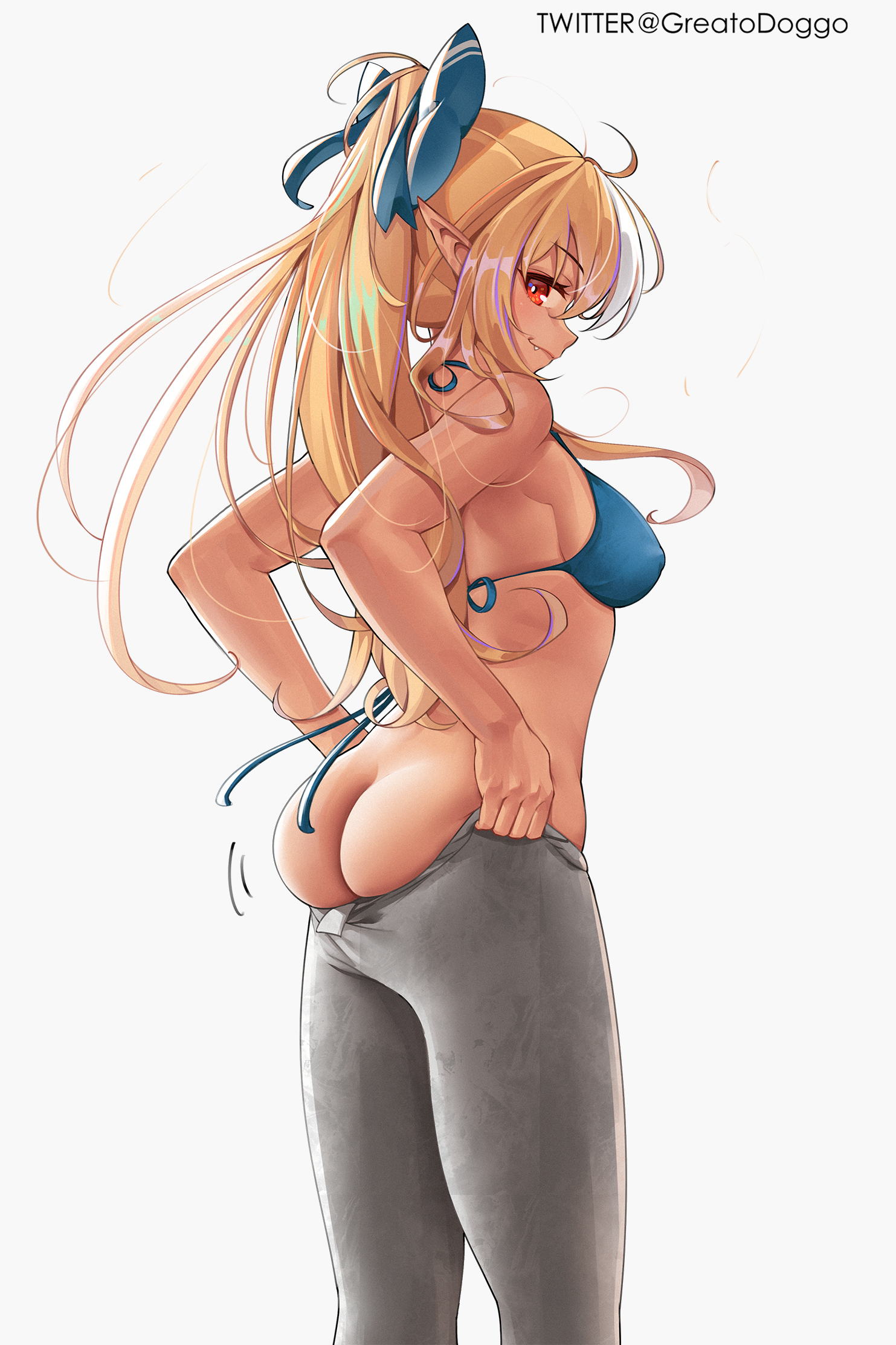 1girls, 2022, artist signature, ass, back view, bare ass, bikini, bikini top, blonde hair, blue bikini top, blue ribbon, bra, breasts, bubble ass, bubble butt, elf ears, female, female only, greatodoggo, grey pants, hair ribbon, hololive, hololive fantasy, hololive japan, large ass, large breasts, leggings, legs, legwear, long ears, long hair, looking at viewer, looking back, looking over shoulder, no panties, pointy ears, red eyes, sharp teeth, shiranui flare, simple background, smile, sportswear, standing, tan, tan-skinned female, tanned skin, thick thighs, thighs, tight clothing, tight fit, twitter username, virtual youtuber