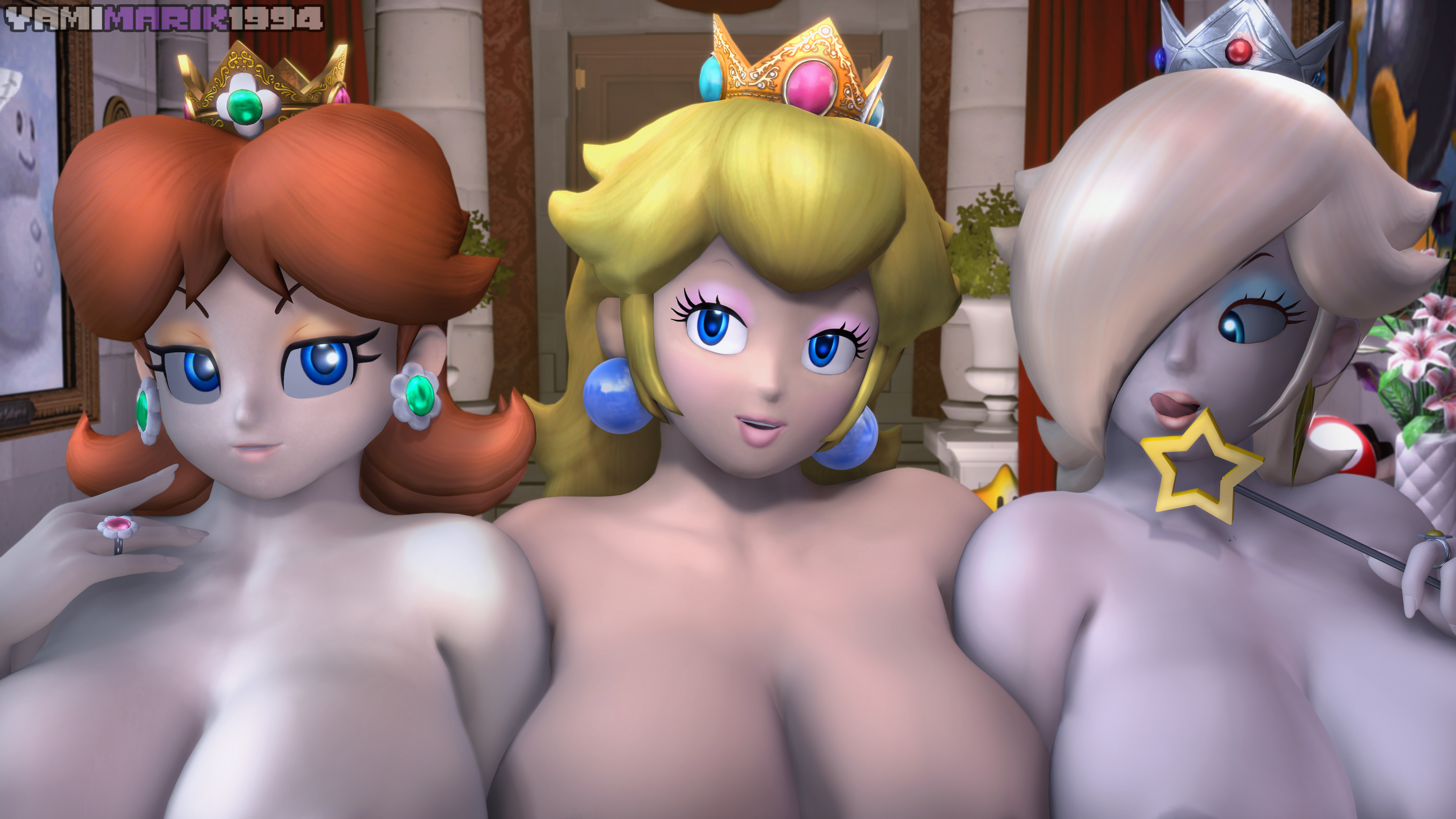 3d, 3d (artwork), 3girls, bedroom eyes, big breasts, blonde hair, blue eyes, blue eyeshadow, breasts, castle, cleavage, crown, earrings, female, female only, flower earrings, ginger hair, hair over one eye, half-closed eyes, human, inside, licking lips, light skin, light-skinned female, lips, lipstick, long hair, looking at viewer, mario (series), nintendo, nude, orange eyeshadow, pearl earrings, pink eyeshadow, platinum blonde hair, princess daisy, princess peach, princess rosalina, ring, royalty, shoulder length hair, source filmmaker, star earrings, star wand, super mario bros., tongue, tongue out, trio, wand, yamimarik1994, yuri
