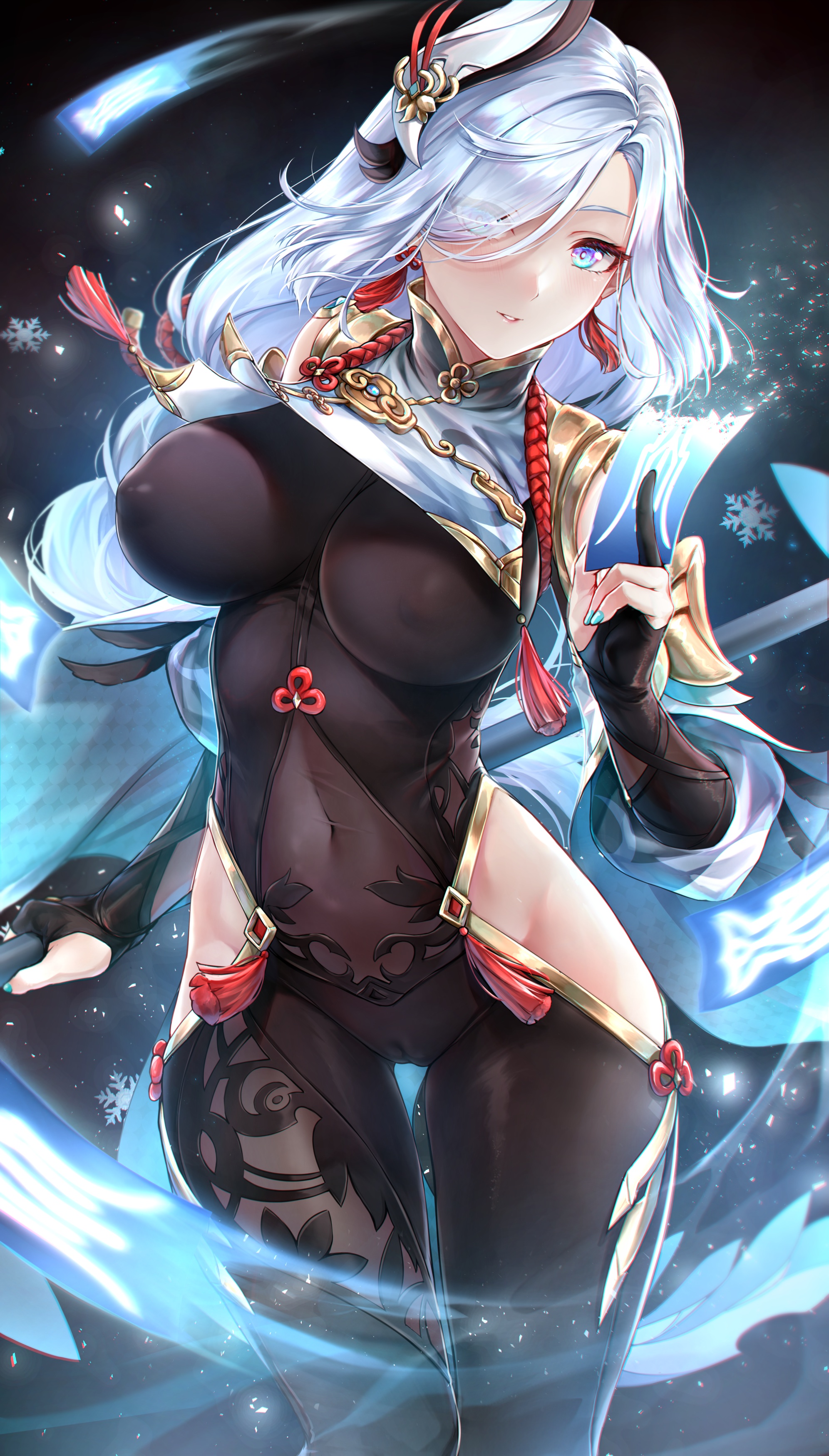 1girls, abs, absurd res, belly button, big breasts, black bodysuit, blue eyes, blue nails, blush, bodysuit, breasts, bulge, clothed, clothing, detailed background, female, genshin impact, hair ornament, hair over one eye, hi res, highres, hips, huge breasts, large breasts, long hair, looking at viewer, midriff, nail polish, nipple bulge, nipples visible through clothing, pussy, pussy bulge, pussy lips, rei kun, shenhe (genshin impact), small waist, solo, thick thighs, thigh gap, thighs, tight clothing, waist, weapon, white hair, wide hips