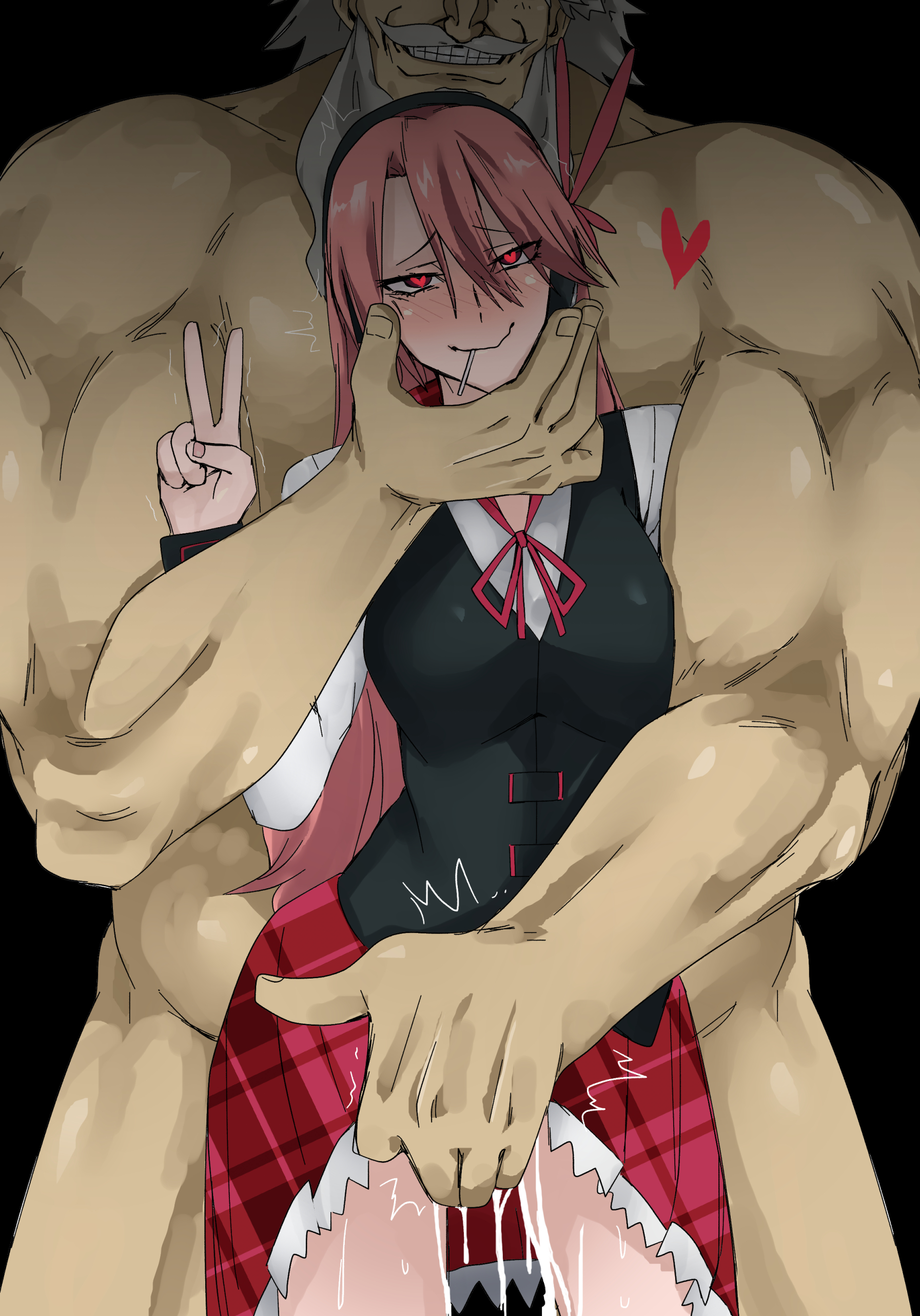 1boy, 1girls, 2022, adult female, adult male, after sex, age difference, akame ga kill!, beard, black background, blush, broken, chelsea (akame ga kill!), cleavage, clothed female, clothed female nude male, cum, cum drip, enemies, fat male, female, grin, headphones, heart, heart-shaped pupils, honest (akame ga kill!), implied fingering, light skin, light-skinned female, light-skinned male, lollipop, long hair, male, muscular, muscular male, nude, nude male, older male, older male and younger female, peace sign, pink hair, pussy, pussy juice, red eyes, sex, skirt, skirt lift, slq, straight, younger female
