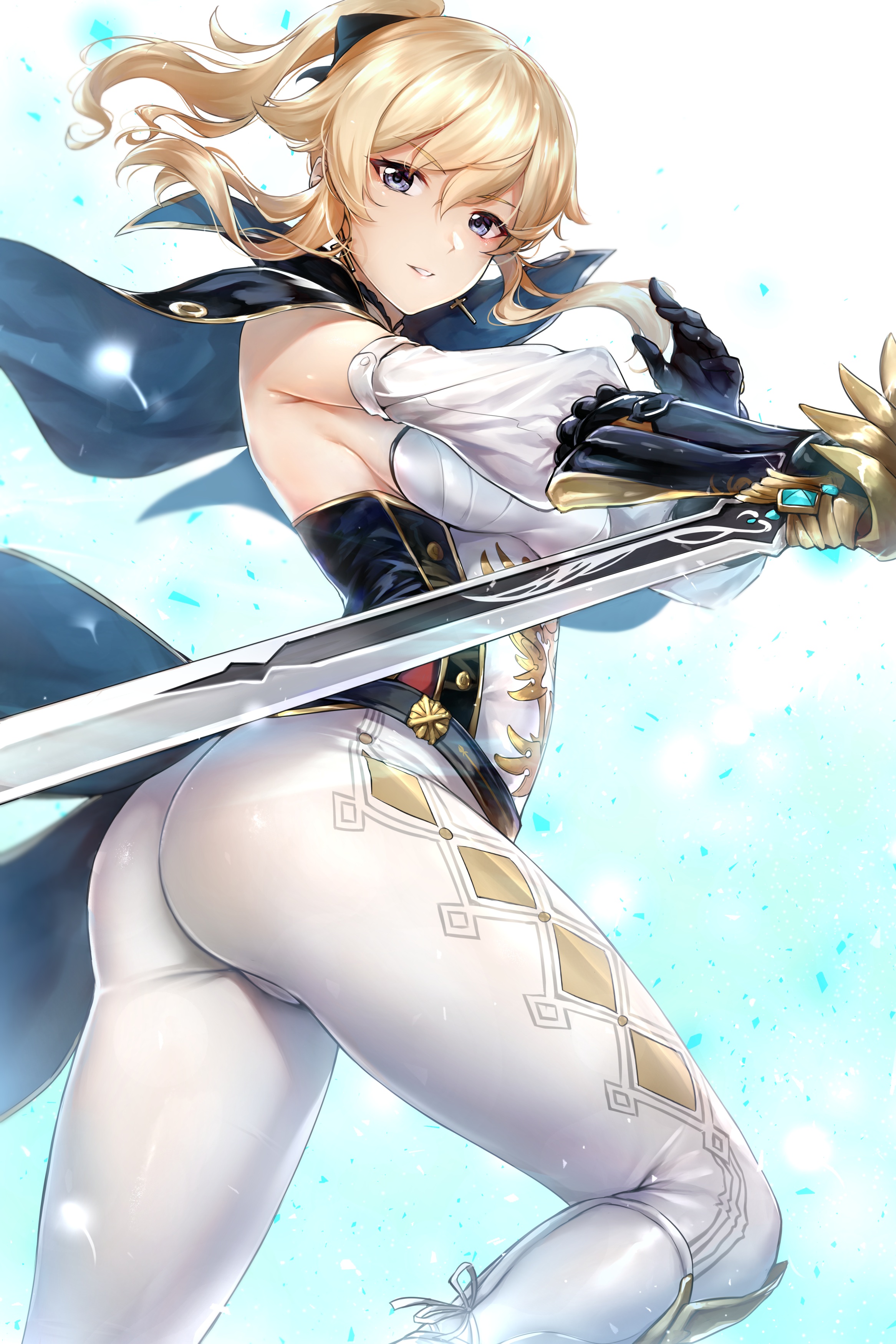 1girls, arched back, ass, bare shoulders, belt, blonde hair, blue eyes, boots, breasts, capelet, clothed, clothed female, detached sleeves, female, female focus, female only, fully clothed, gauntlets, genshin impact, gold trim, heel boots, holding, holding sword, holding weapon, jean gunnhildr, long sleeves, looking at viewer, medium breasts, medium hair, open mouth, open smile, pants, parted lips, ponytail, rei kun, shiny, shiny skin, smile, solo, solo female, sword, tailcoat, thighs, tied hair, weapon, white pants, young