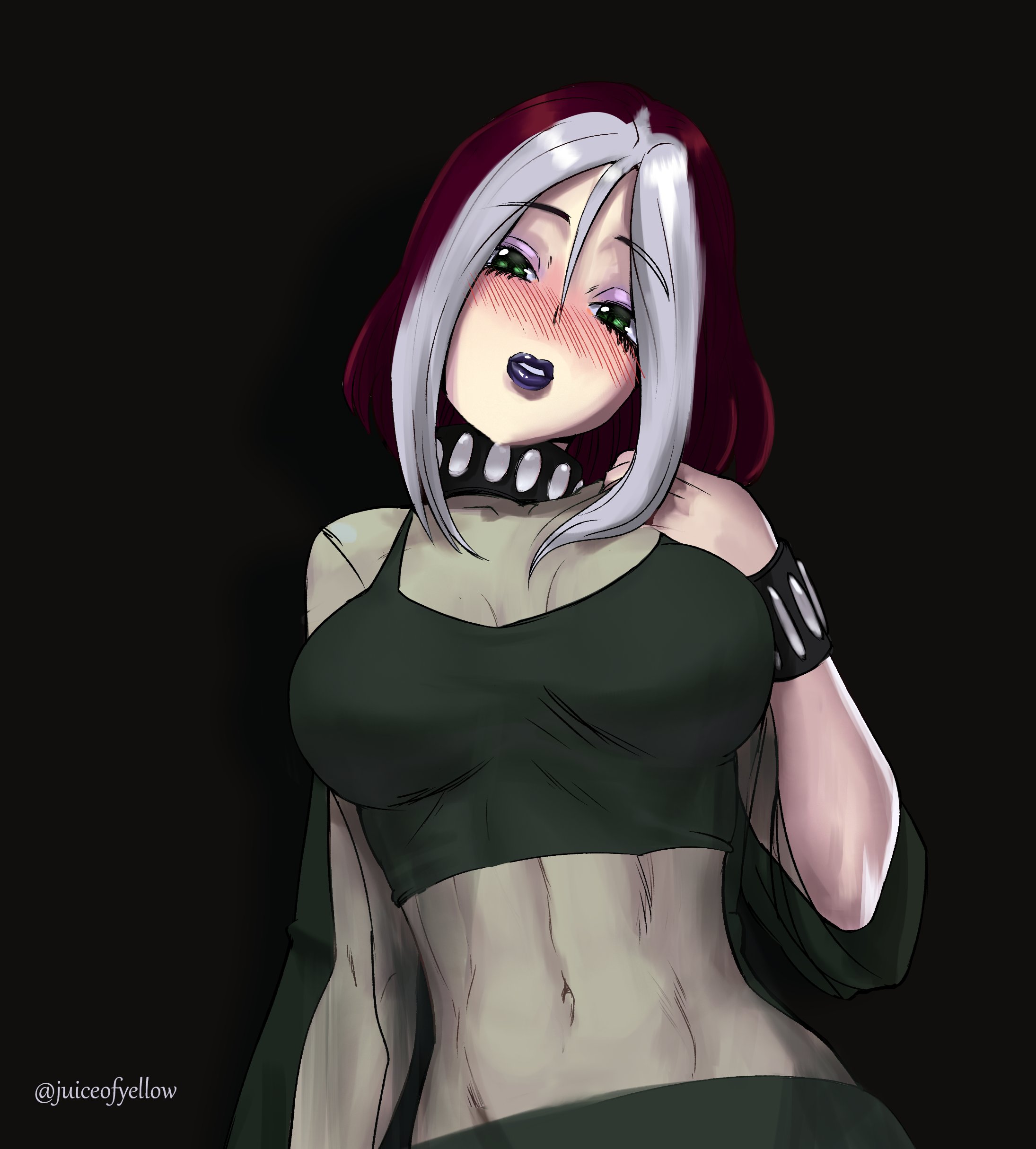 1girls, alternate version available, anna marie, black background, blush, bracelet, breasts, choker, cleavage, clothed, crop top, eyeshadow, female, female only, goth, green eyes, juiceofyellow, large breasts, lipstick, looking at viewer, marvel, marvel comics, navel, pale skin, red hair, rogue (evolution), rogue (x-men), shoulder length hair, solo, tank top, tight clothing, two-tone hair, white hair, x-men, x-men evolution
