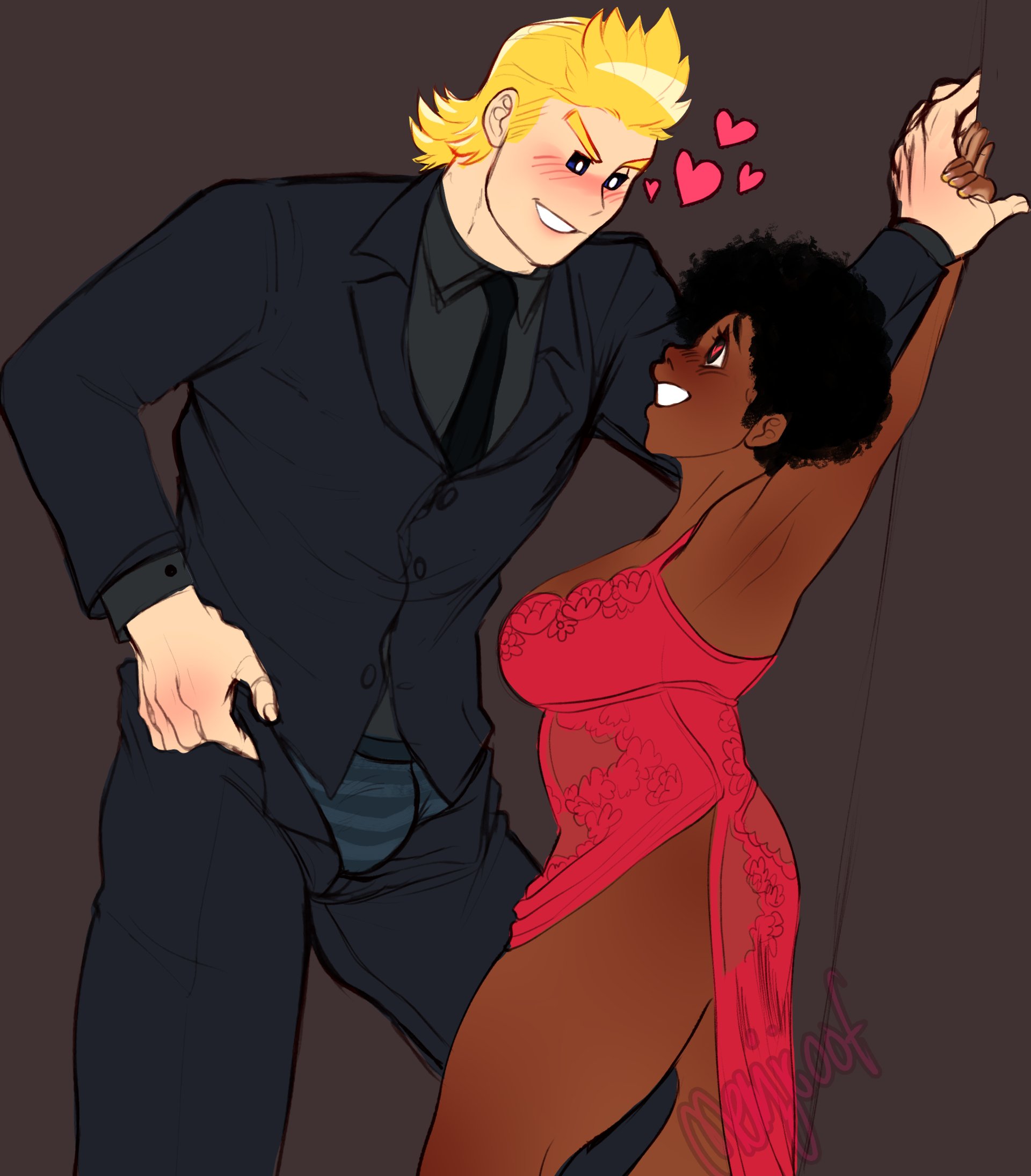 1boy, 1girls, aggravatedmomo, assertive, assertive male, blush, bottomwear, breasts, bulge, clothing, dark skin, dark-skinned female, dress, female, female human, femsub, height difference, human, imminent sex, light skin, light-skinned male, male, male human, maledom, mirio togata, my hero academia, original character, shorter female, straight, suit, taller male, tie, topwear, underwear