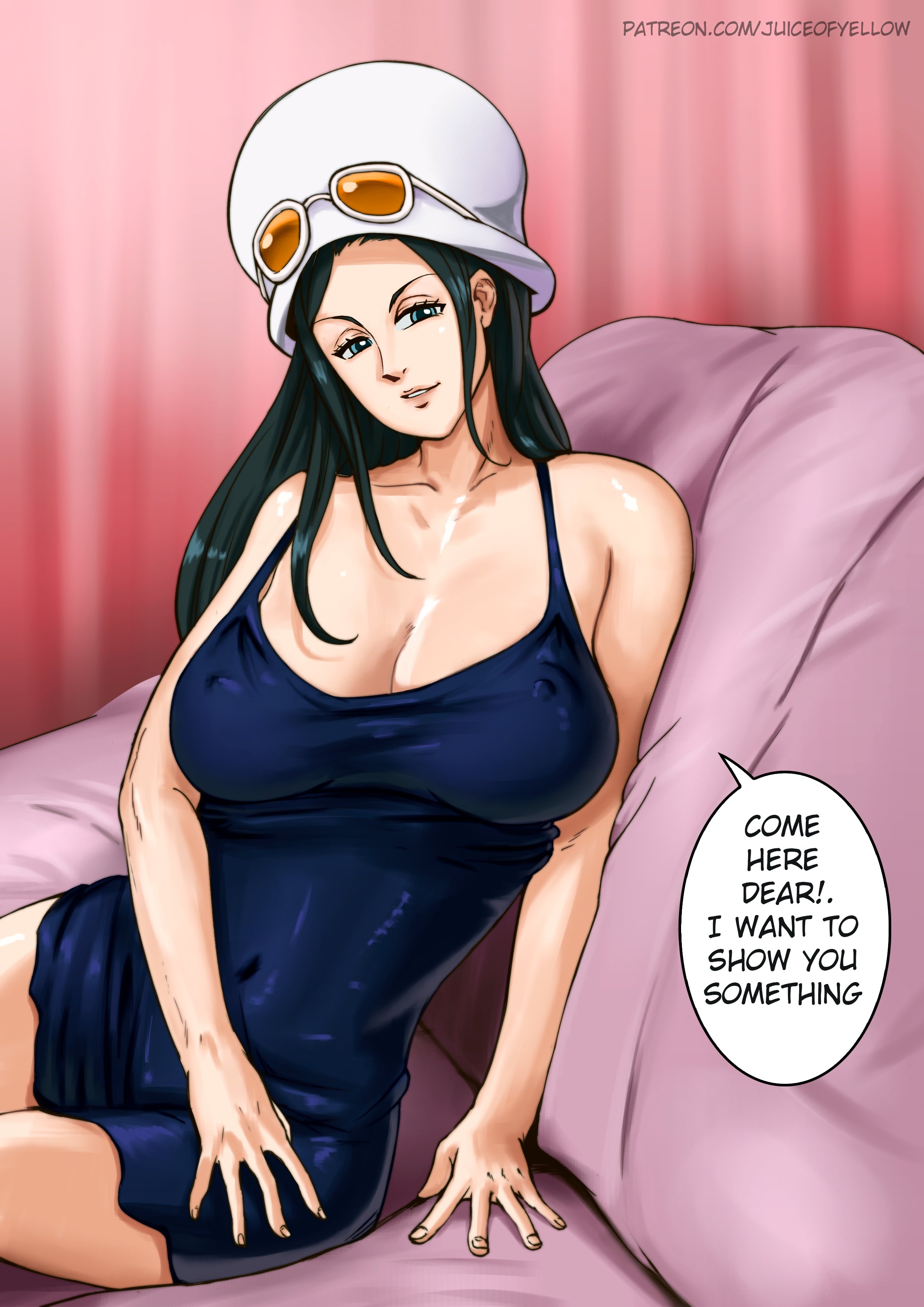 1girls, alternate version available, black hair, black-haired female, blue eyes, breasts, cleavage, dress, dressrosa, female, female only, hat, juiceofyellow, large breasts, long hair, looking at viewer, nico robin, nipples visible through clothing, one piece, see-through, shiny skin, sitting, smile, solo, speech bubble, sunglasses, sunglasses on head, text, tight clothing, tight dress
