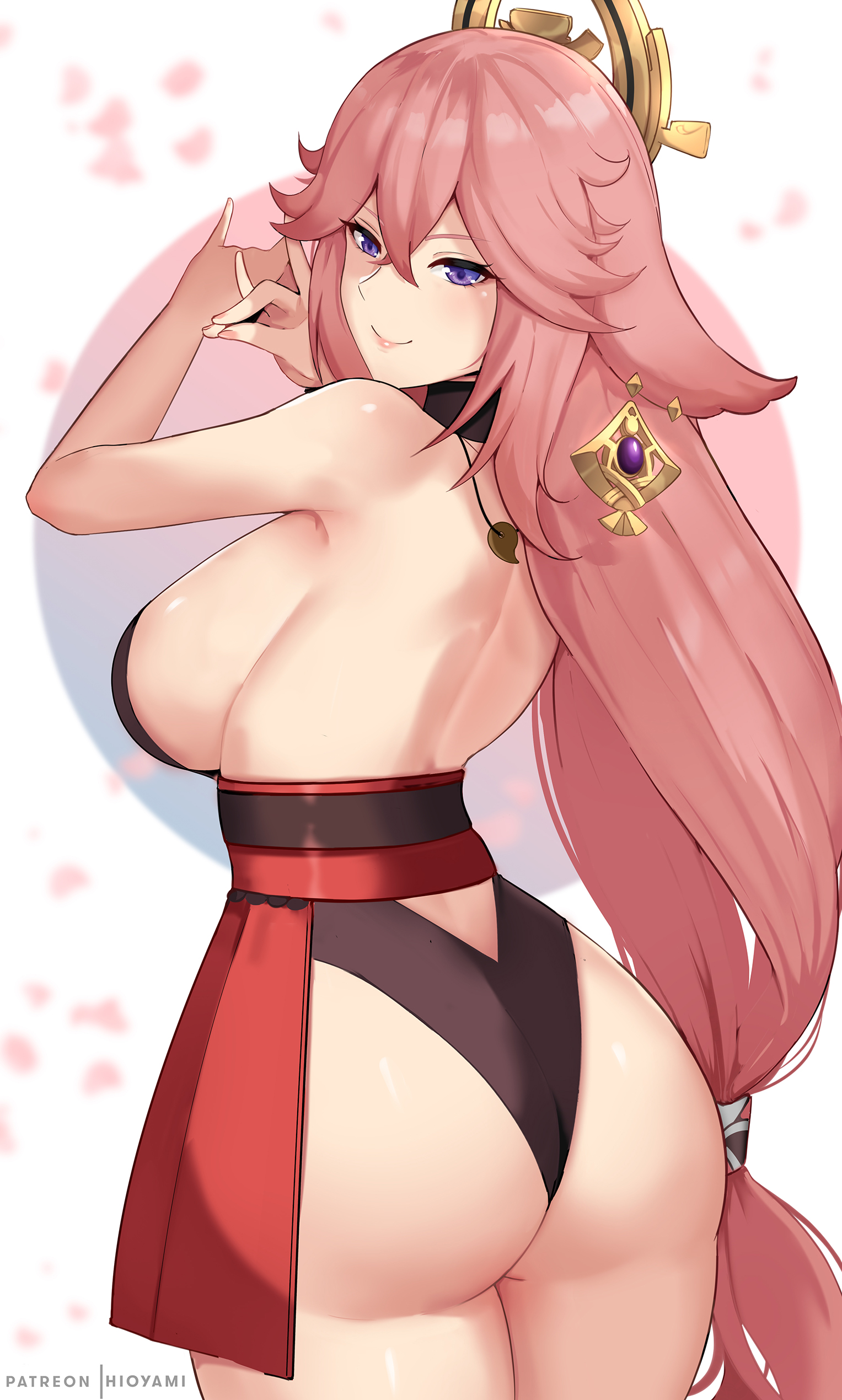 1girls, 2022, ass, ass focus, back, backless outfit, blush, breasts, female, female only, genshin impact, hair ornament, highres, hioyami, hips, large ass, large breasts, long hair, miko, naughty face, pink hair, purple eyes, shrine maiden, sideboob, simple background, slim waist, smile, suggestive look, thick thighs, thighs, very long hair, white background, wide hips, yae miko