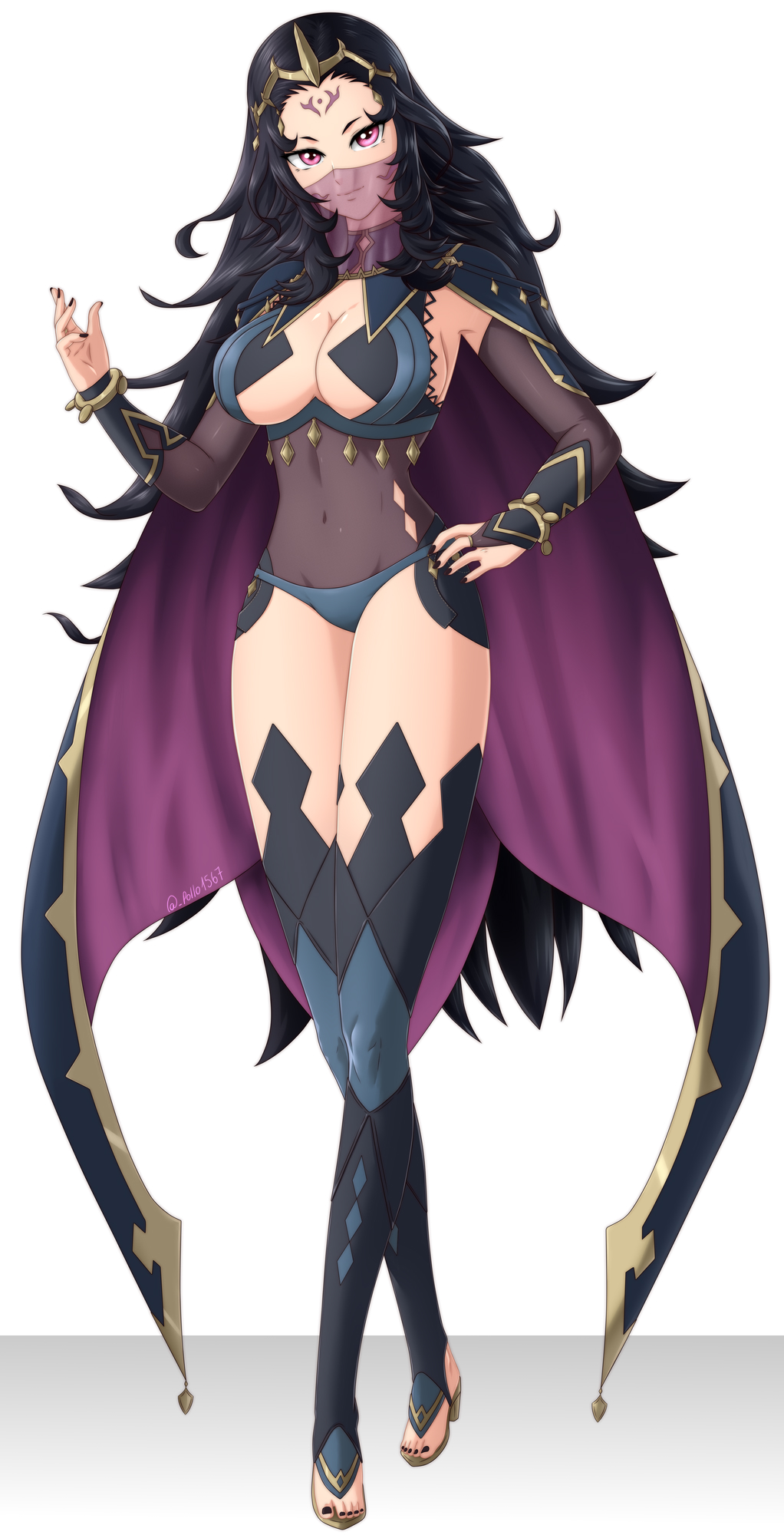 1girls alternate_breast_size alternate_height bare_thighs black_hair black_nails blue_panties breasts cape circlet cleavage dark_mage_(fire_emblem_fates) facial_tattoo female female_only fire_emblem fire_emblem_fates high_heels highres large_breasts long_hair looking_at_viewer mouth_veil nail_polish nintendo nyx_(fire_emblem) older panties pollo1567 red_eyes see-through smile tattoo thighs toeless_footwear underwear veil very_long_hair