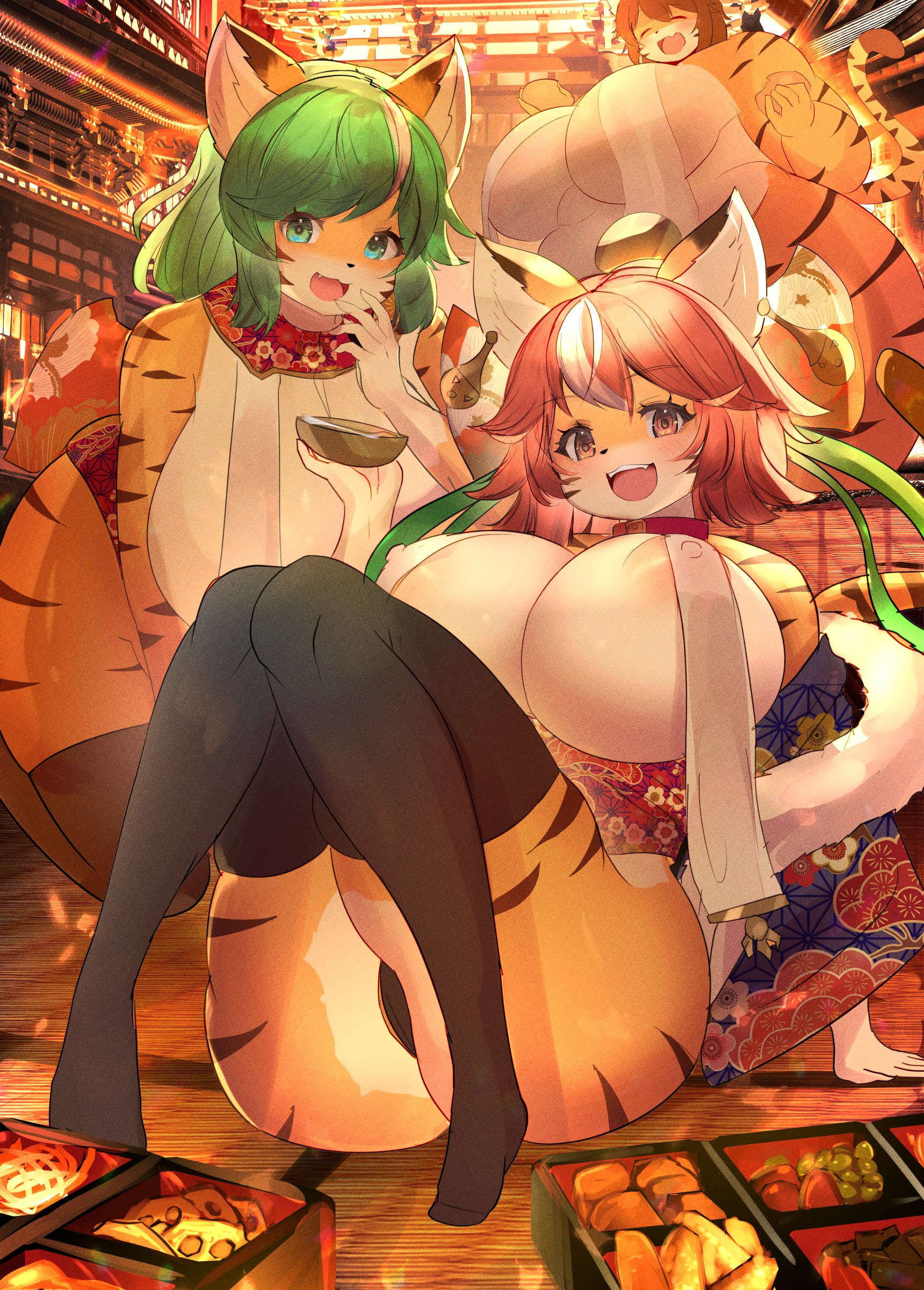 2022, 3girls, absurd res, anthro, areola, areola slip, ass, big belly, big breasts, blush, bow, breasts, brown eyes, brown hair, celebration, chubby female, clothed, clothing, curvy figure, ear piercing, eating, erect nipples, eyebrow through hair, eyebrows, eyes closed, fangs, felid, female, female only, fingers, food, fur, furry, green, green eyes, green hair, group, hair, happy, hi res, highlights (coloring), huge breasts, kakuteki11029, kemono, kimono, large breasts, large ears, legwear, looking at viewer, mammal, multicolored body, multicolored fur, multiple females, multiple girls, new year, nipple outline, nipples, nipples visible through clothing, obese, obese anthro, obese female, open mouth, orange body, orange fur, original, overweight, overweight anthro, overweight female, pantherine, piercing, public, restaurant, skimpy, standing, stockings, striped body, striped fur, stripes, thick thighs, thigh highs, thighhighs, tiger, tiger girl, translucent, translucent hair, white body, white fur, white highlights, wholesome, wide hips, year of the tiger
